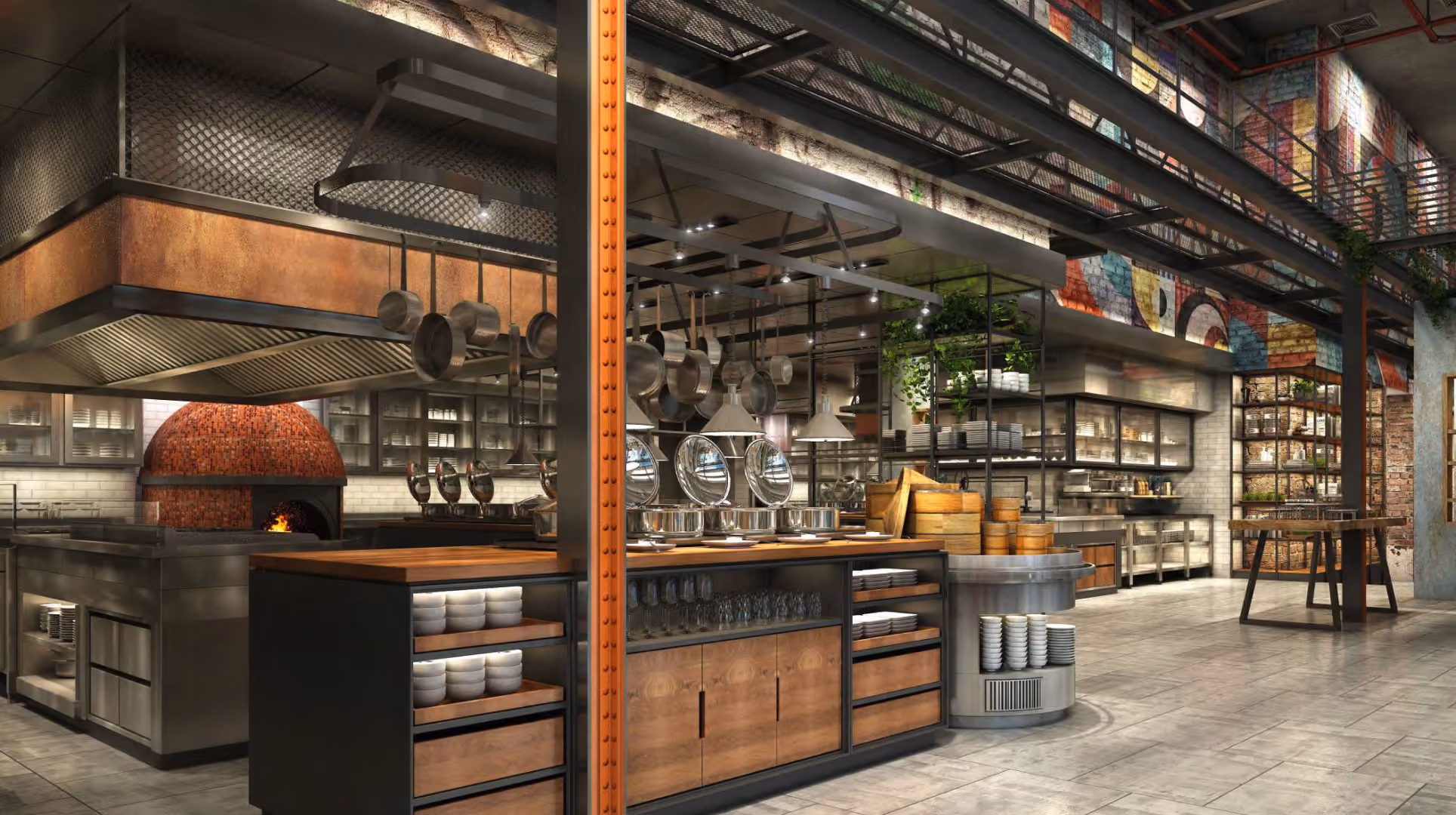 The Range show kitchen at IL Forno, Hyatt Centric City Centre Kuala Lumpur, with a pizza oven, hanging pans and rusted steel columns