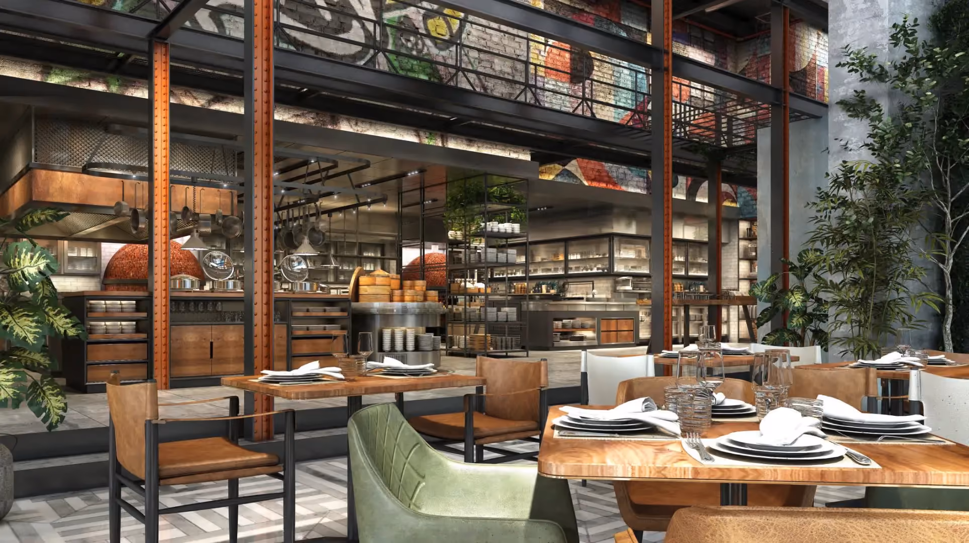 The Gallery dining area at IL Forno, Hyatt Centric City Centre Kuala Lumpur, raised two steps from the show kitchen, with timber tables and green chairs
