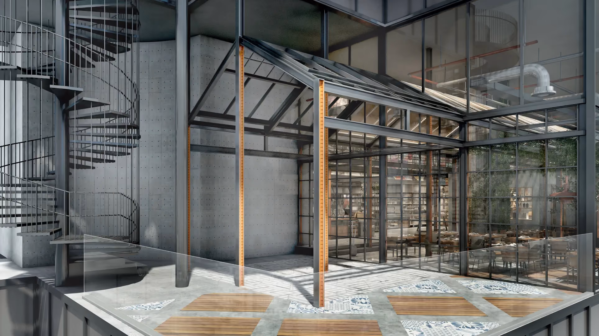 Rendering of The Gallery at IL Forno, Hyatt Centric City Centre Kuala Lumpur, opening onto a terrace with an outdoor spiral staircase