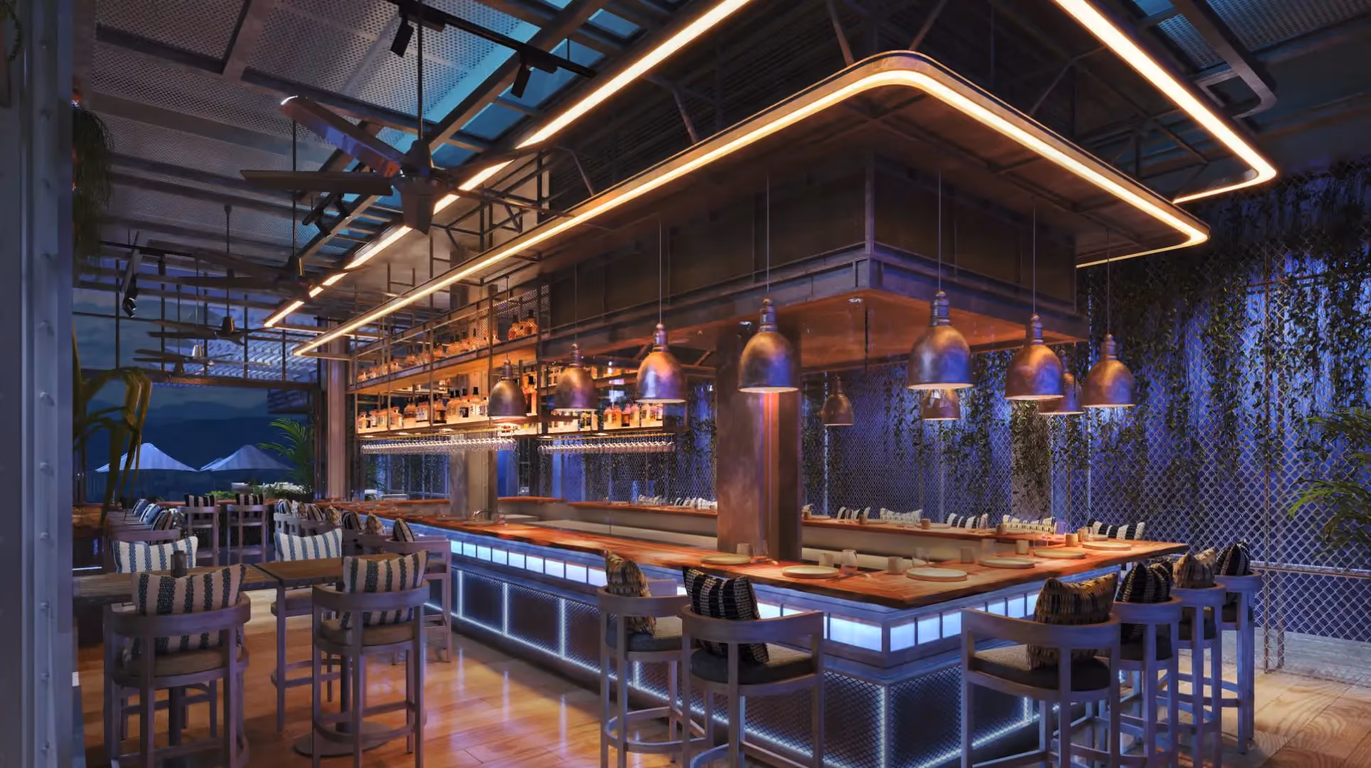 @21 Sky Bar main bar at Hyatt Centric City Centre Kuala Lumpur, an illuminated island bar beneath a lit steel gantry with bar stools