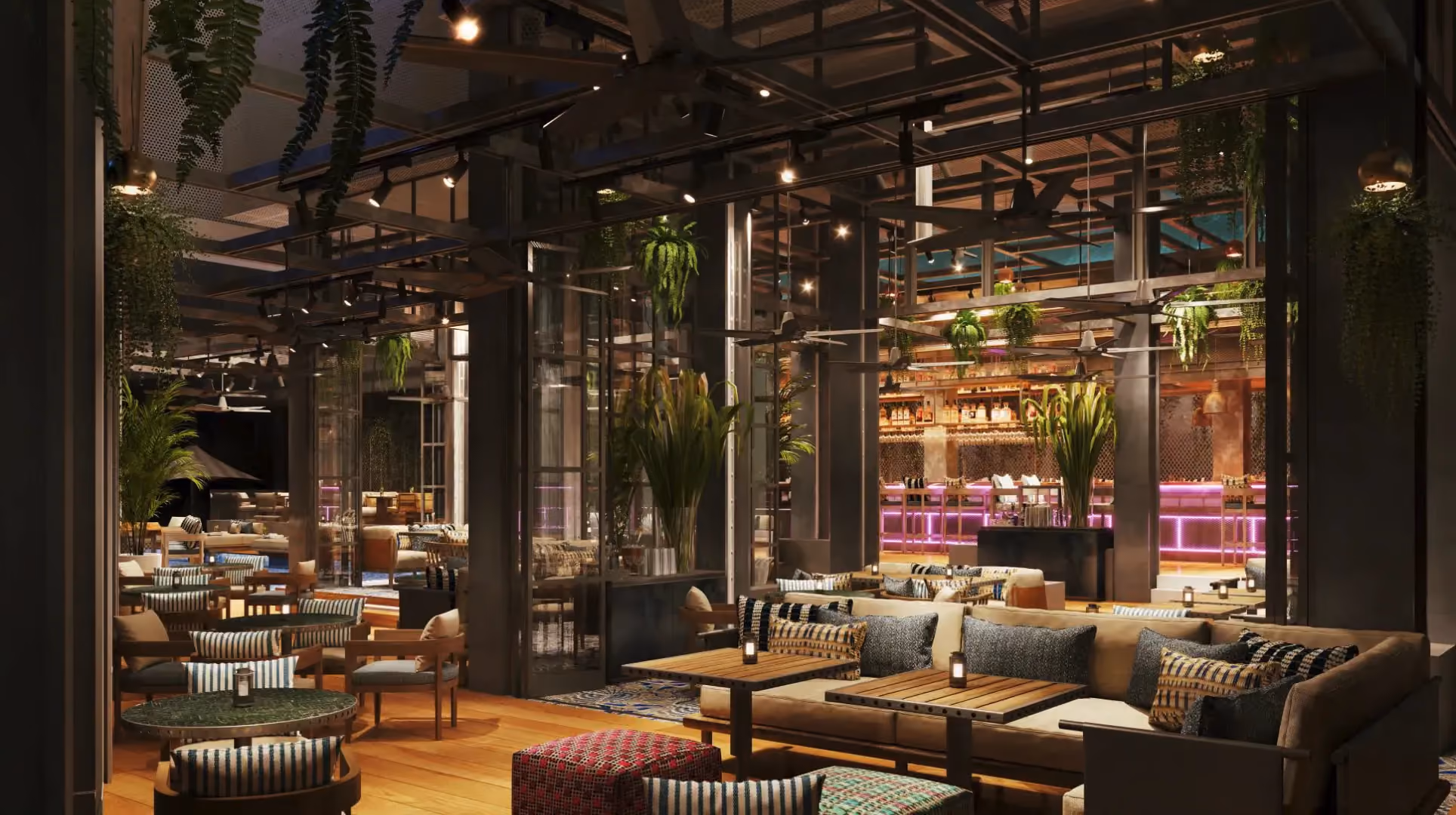 @21 Sky Bar at Hyatt Centric City Centre Kuala Lumpur, with tiered lounge seating, steel-framed glazing and hanging plants