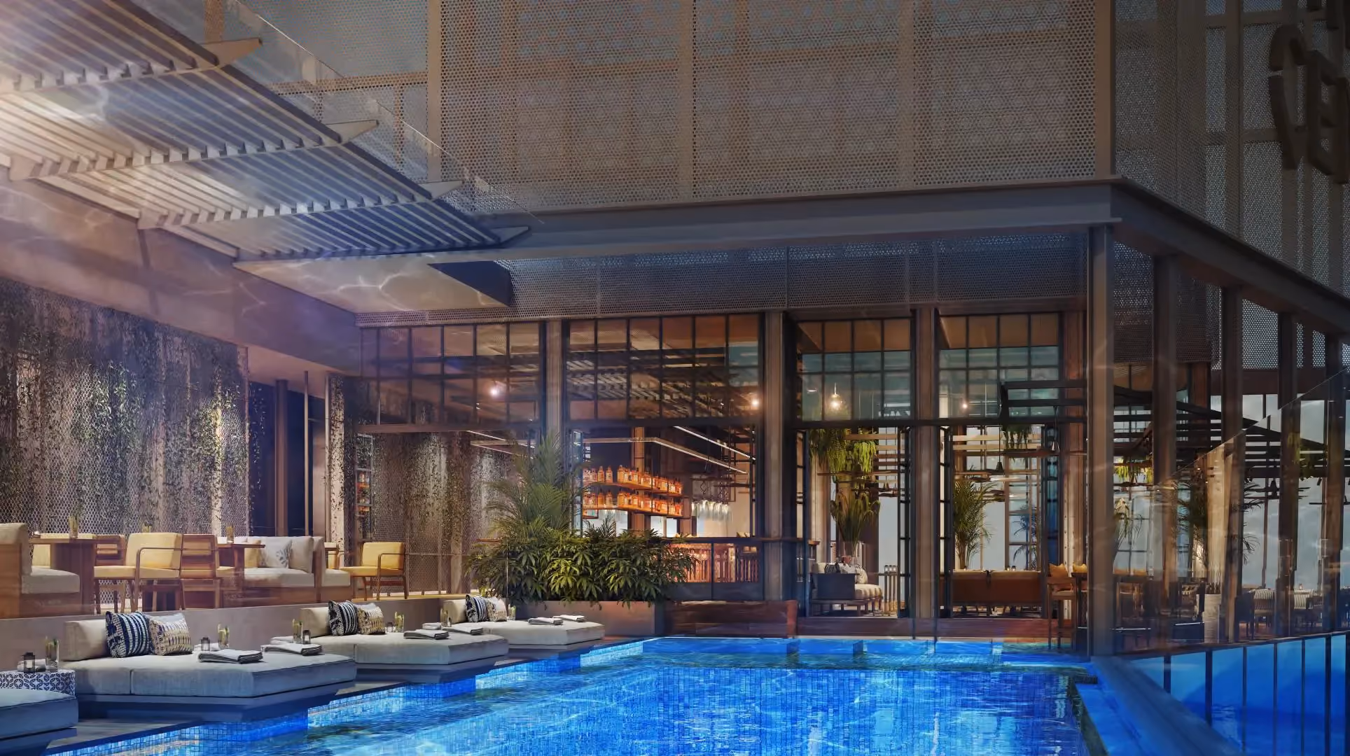 Rendering of the @21 pool at Hyatt Centric City Centre Kuala Lumpur, with loungers beside the water and the sky bar behind glass doors