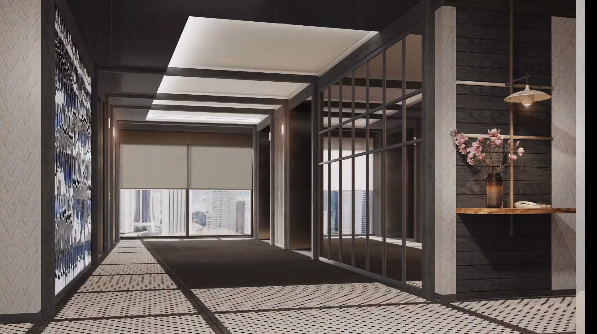 Guestroom lift lobby at Hyatt Centric City Centre Kuala Lumpur, with steel-framed glazing, patterned carpet and a mural wall