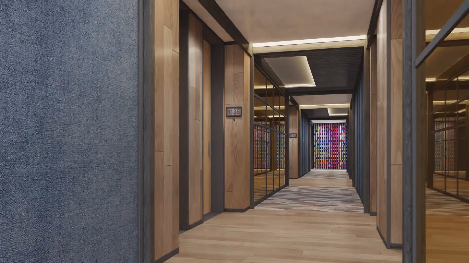 Guestroom corridor at Hyatt Centric City Centre Kuala Lumpur, with timber door frames, denim-textured walls and colourful artwork at the end