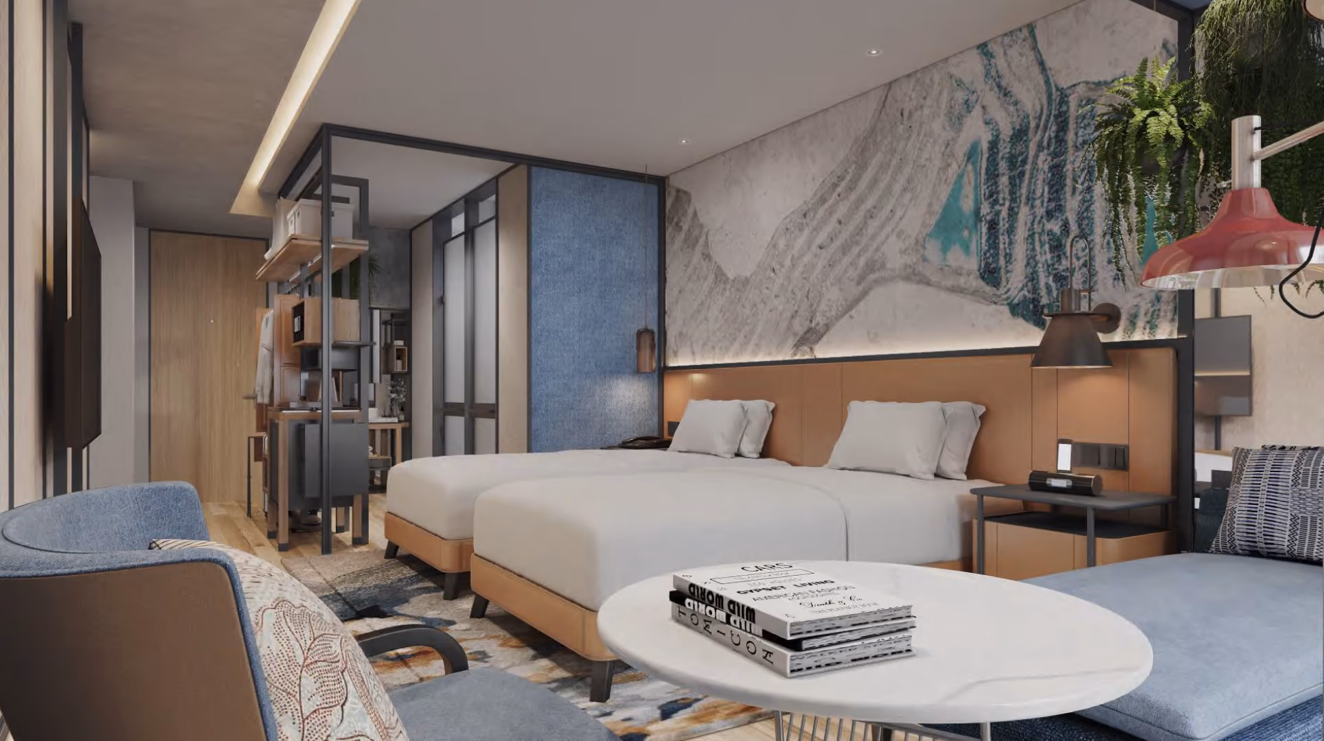 Standard Twin guestroom at Hyatt Centric City Centre Kuala Lumpur, with two beds below a tin mine mural and a steel-framed wardrobe