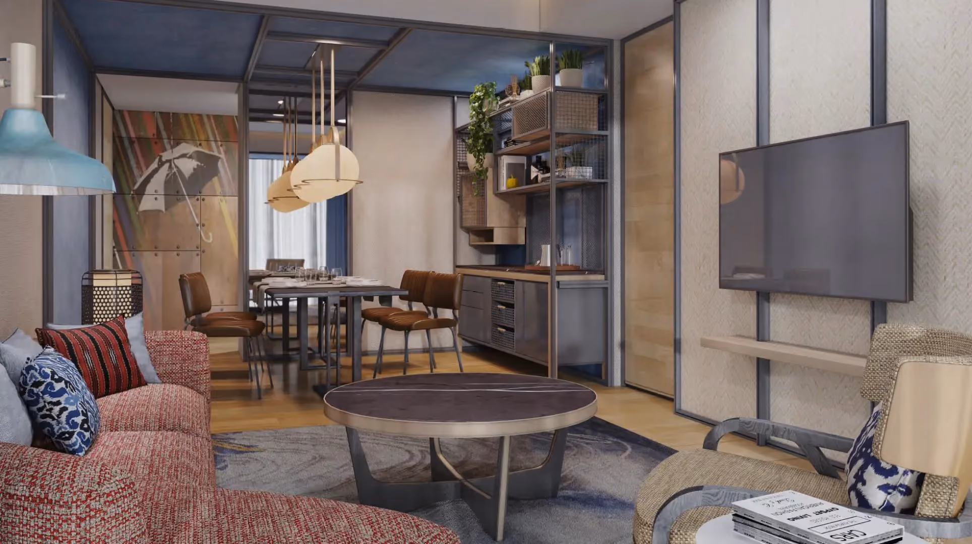 Suite King living and dining area at Hyatt Centric City Centre Kuala Lumpur, with a red armchair, globe pendant lights and steel-framed shelving