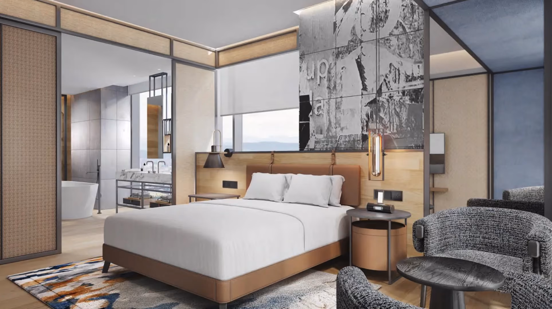 Suite King bedroom at Hyatt Centric City Centre Kuala Lumpur, with printed graphic artwork, a leather headboard and an open bathroom beyond