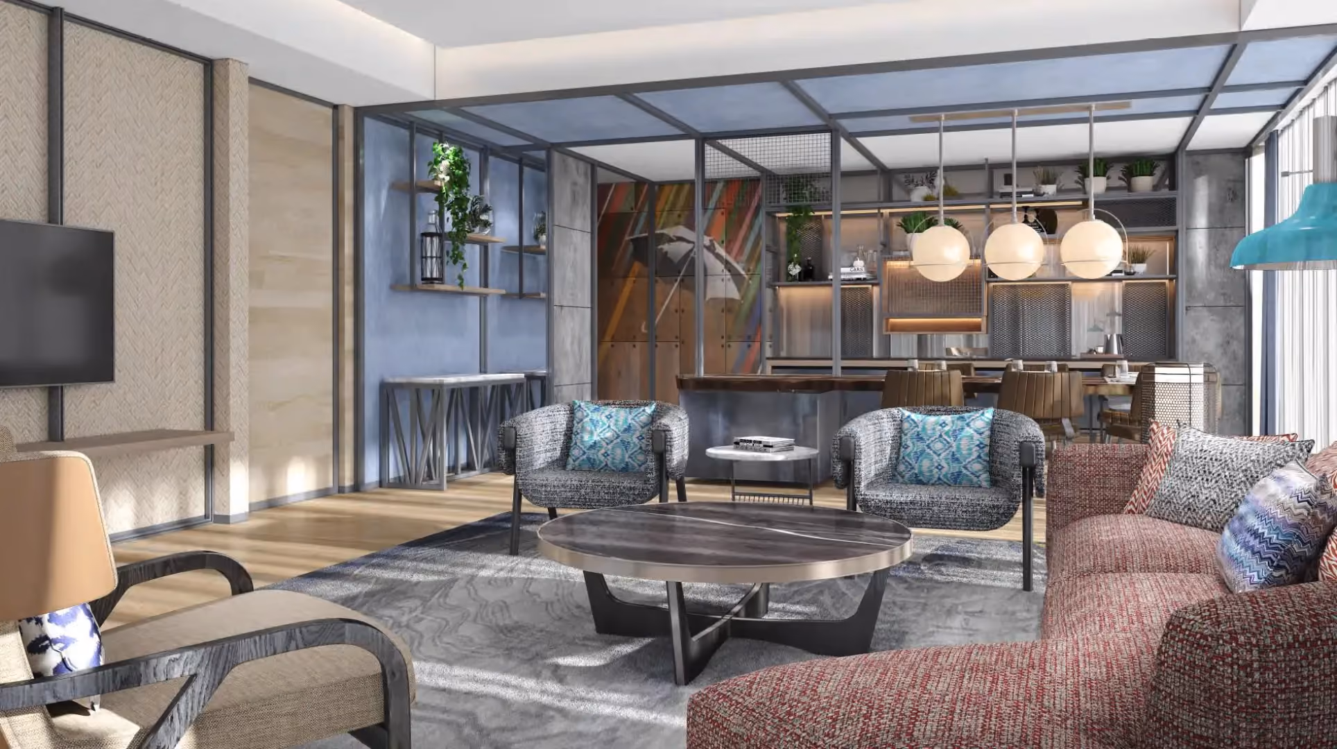 Hospitality Suite living room at Hyatt Centric City Centre Kuala Lumpur, with a pink sofa, globe pendants over the dining table and steel-framed shelving