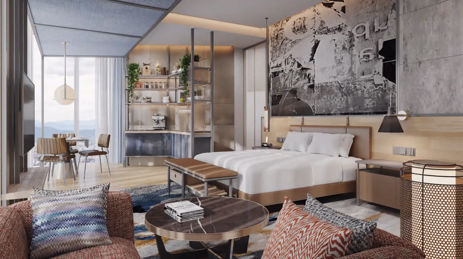 Studio Suite at Hyatt Centric City Centre Kuala Lumpur, with a bed below black and white artwork, lounge seating and a dining nook by the window