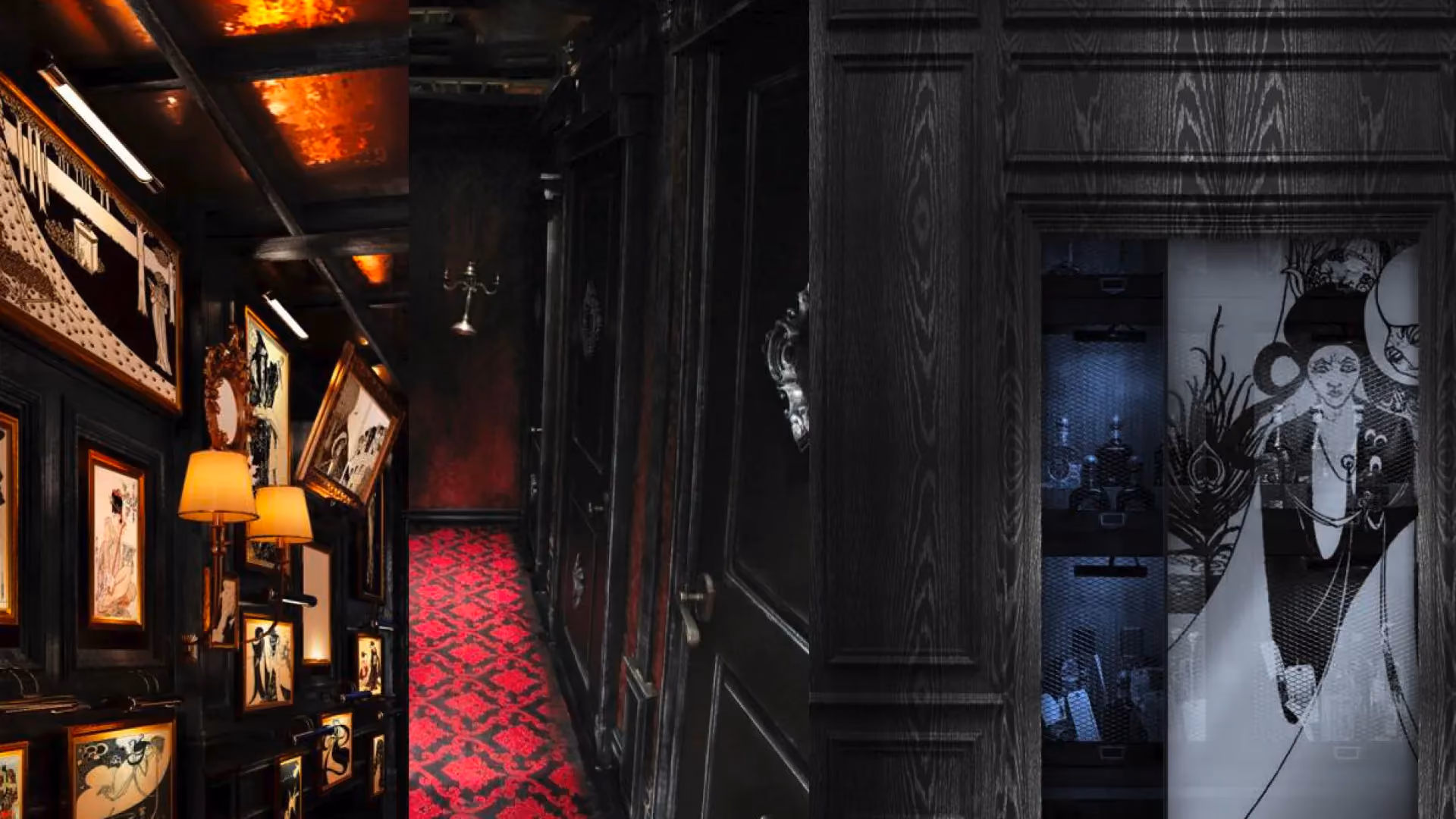 Mood imagery study for the entrance corridor at The Aubrey, Mandarin Oriental Hong Kong, with dark timber walls, framed artworks and a red carpet