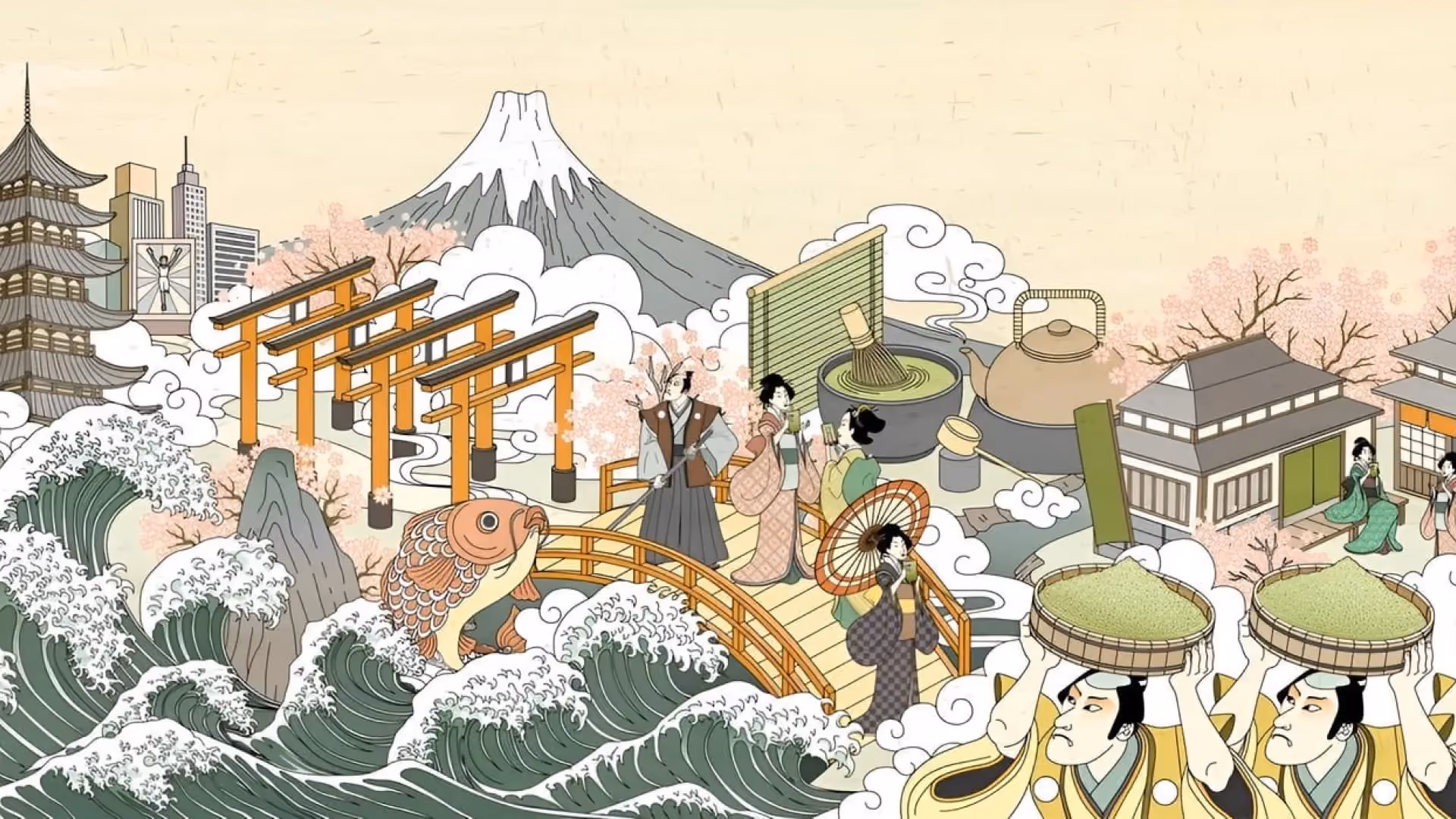 Ukiyo-e style illustration with Mount Fuji, a pagoda, torii gates and crashing waves, representing the Japonisme movement behind The Aubrey