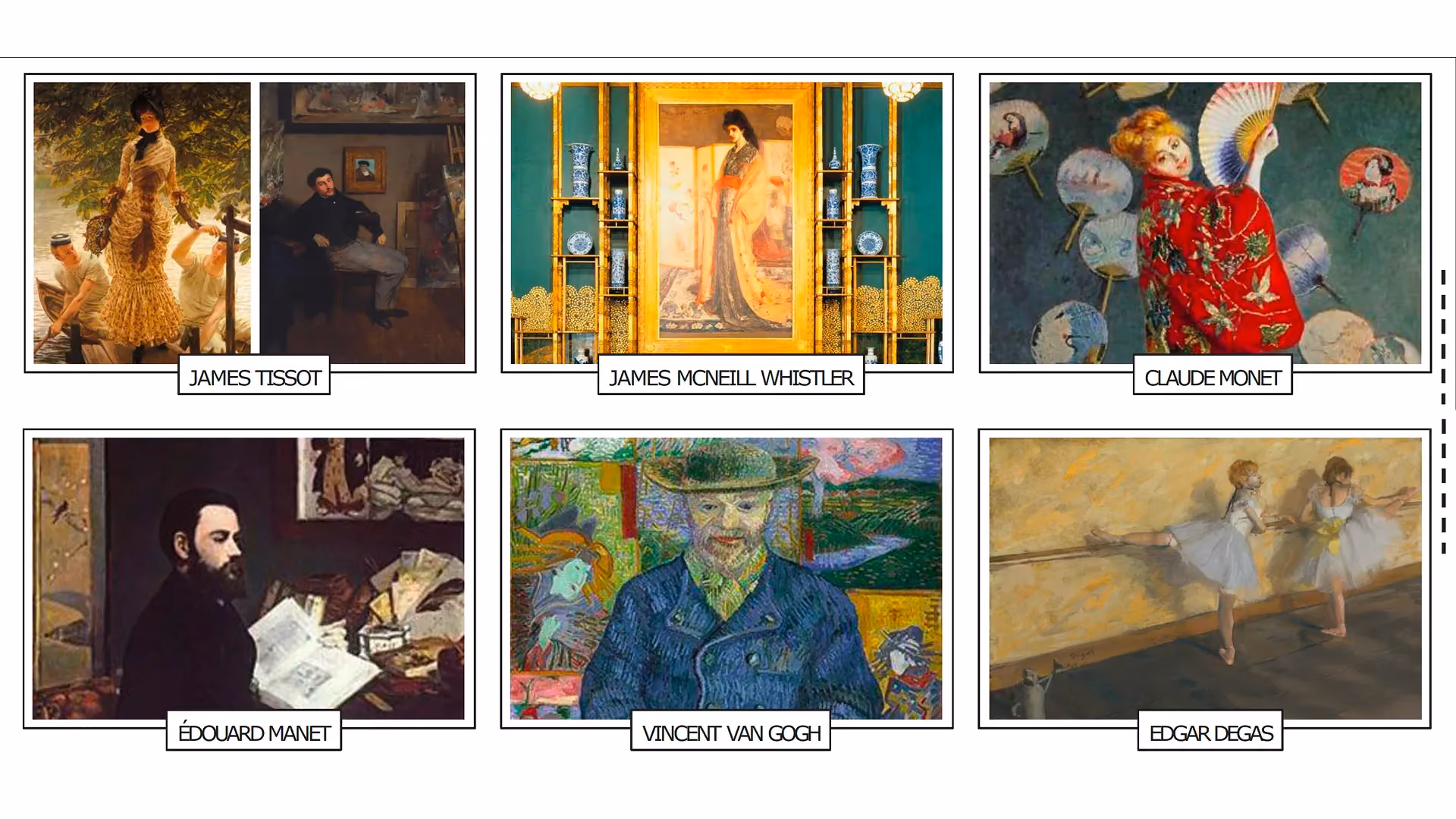 Japonisme-influenced paintings by James Tissot, James McNeill Whistler, Claude Monet, Edouard Manet, Vincent van Gogh and Edgar Degas