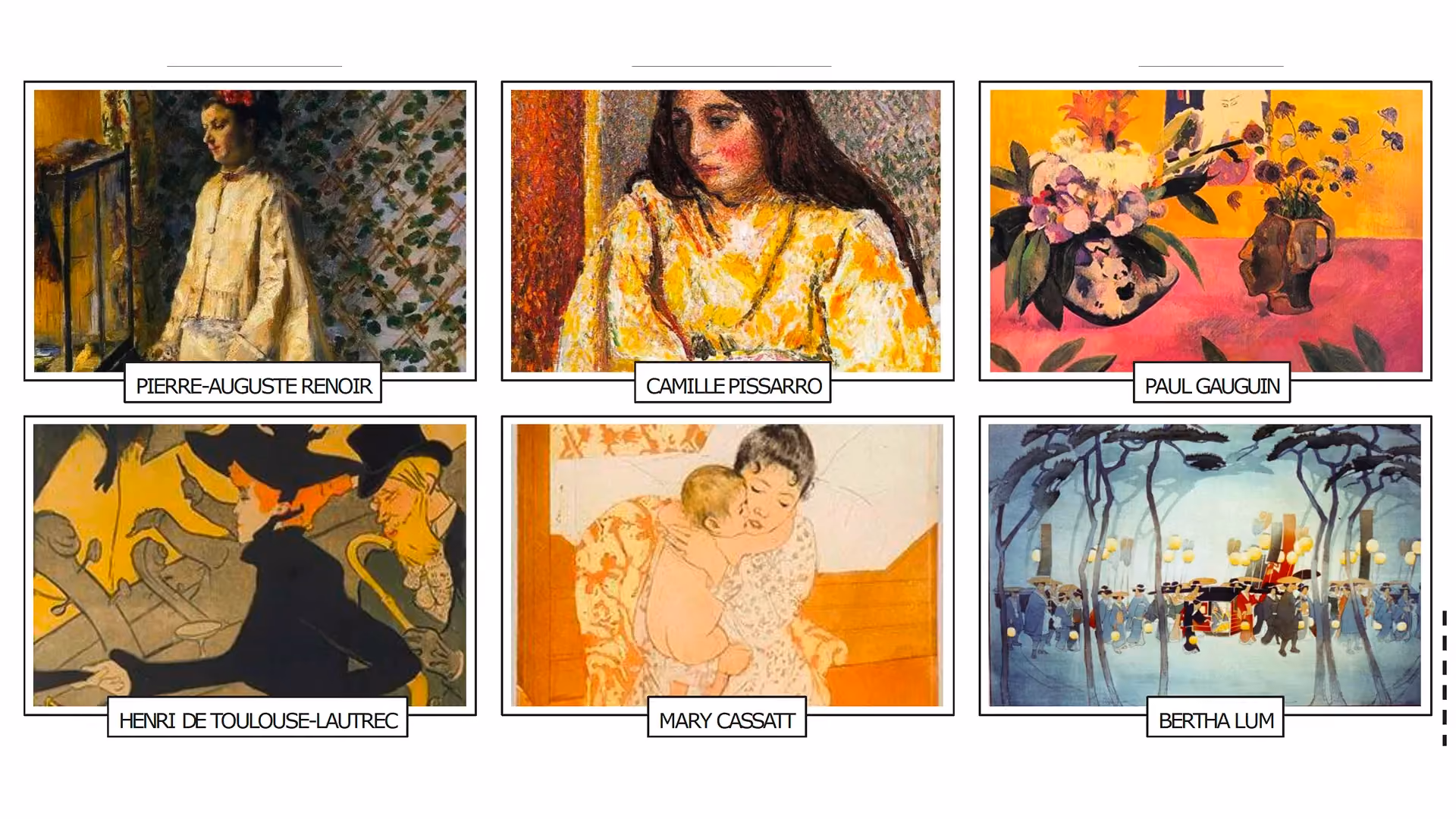 Japonisme-influenced works by Pierre-Auguste Renoir, Camille Pissarro, Paul Gauguin, Henri de Toulouse-Lautrec, Mary Cassatt and Bertha Lum