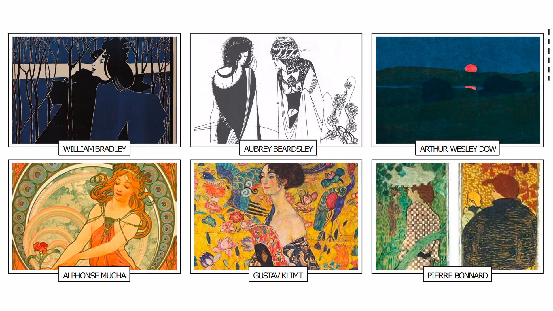 Japonisme-influenced works by William Bradley, Aubrey Beardsley, Arthur Wesley Dow, Alphonse Mucha, Gustav Klimt and Pierre Bonnard