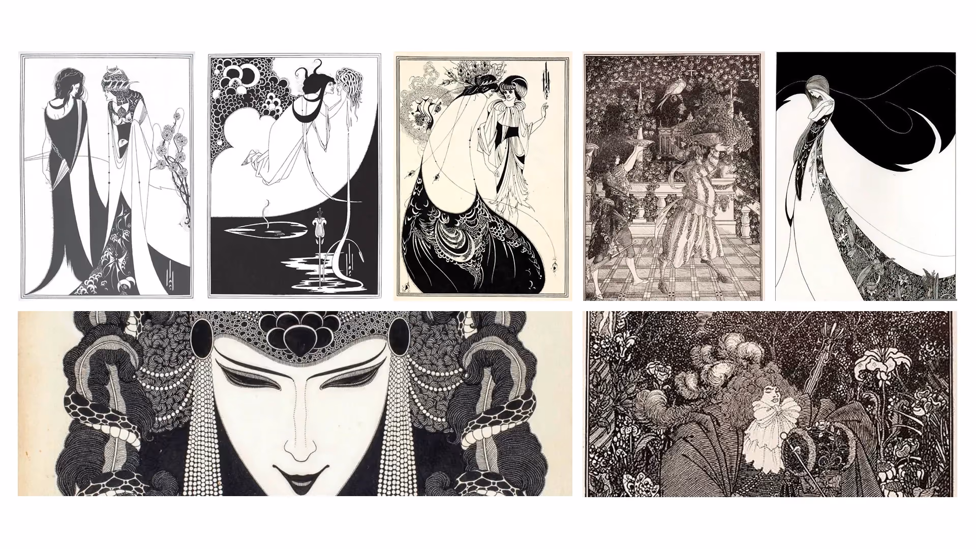 Black and white illustrations by Aubrey Beardsley, influenced by Japanese woodblock prints