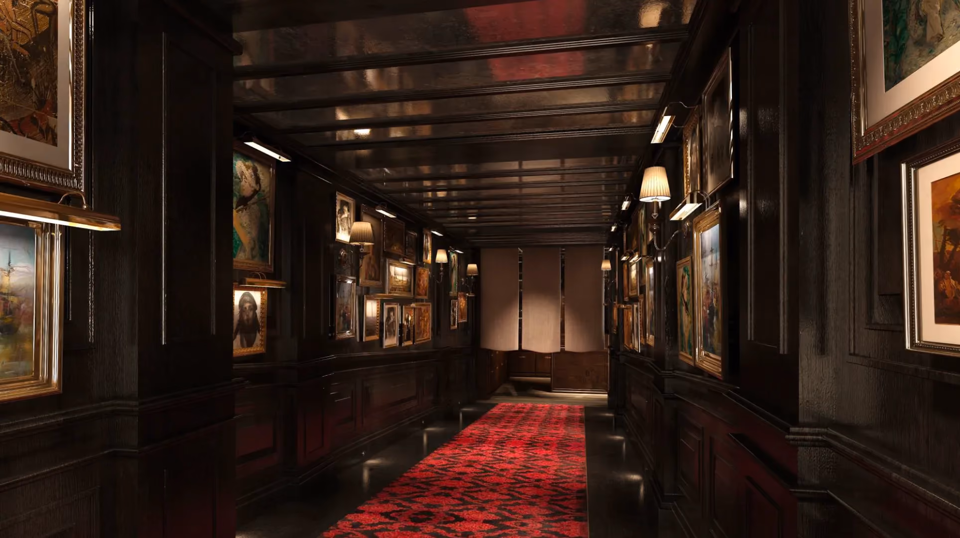 Entrance corridor at The Aubrey, Mandarin Oriental Hong Kong, with dark timber walls, gallery-hung paintings, wall lamps and a red patterned carpet
