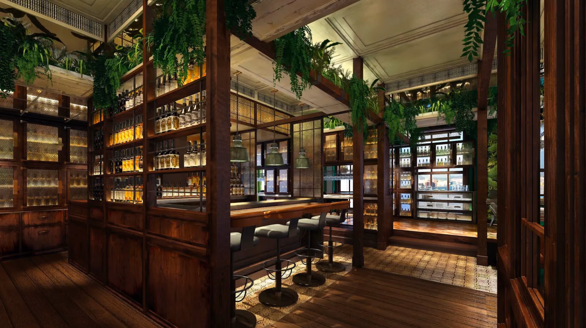 Whisky bar at The Aubrey, Mandarin Oriental Hong Kong, with backlit bottle shelving, timber joinery, hanging greenery and bar stools