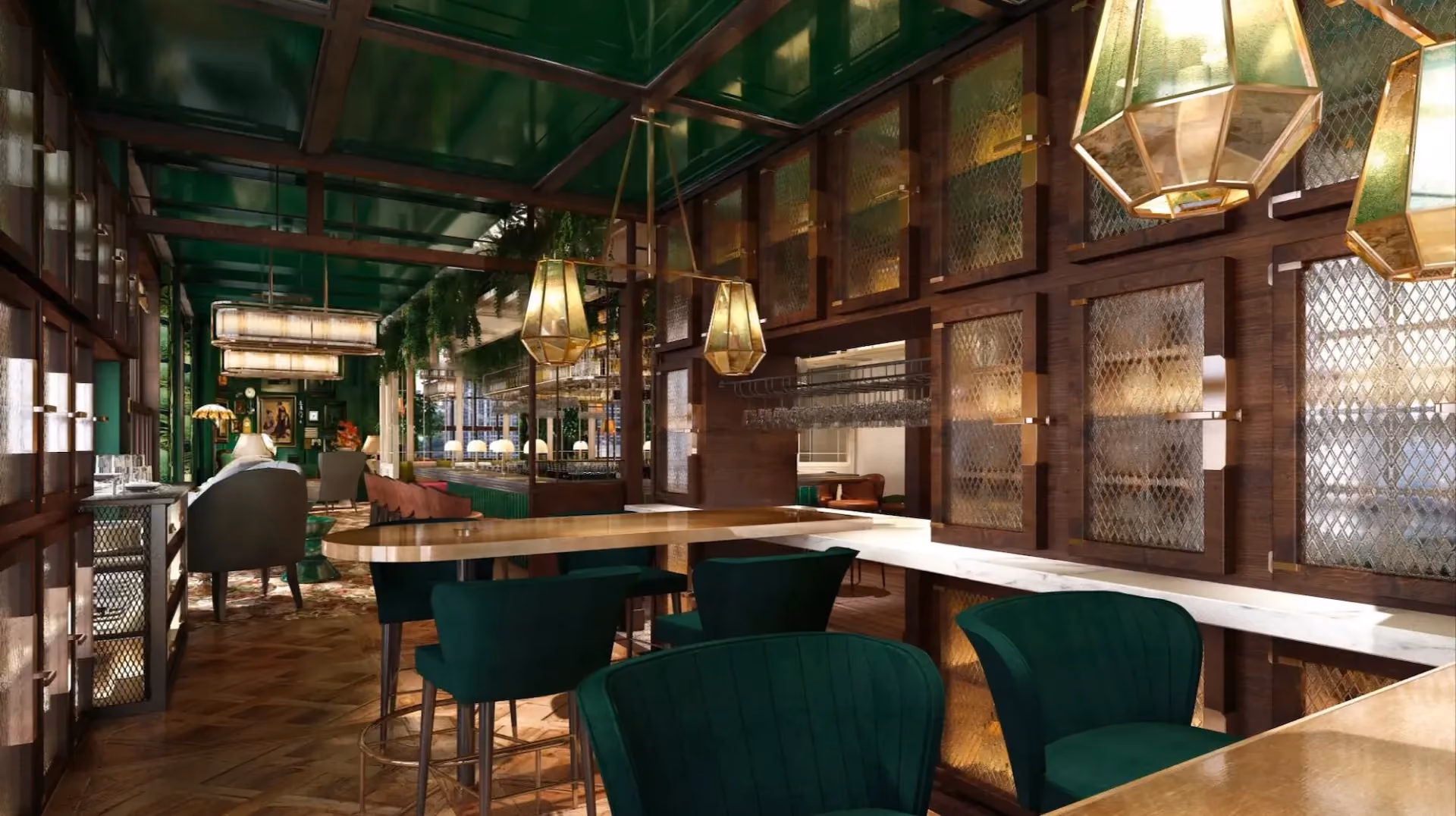 View towards the main bar at The Aubrey, Mandarin Oriental Hong Kong, with a green lacquered ceiling, brass lantern pendants and emerald chairs