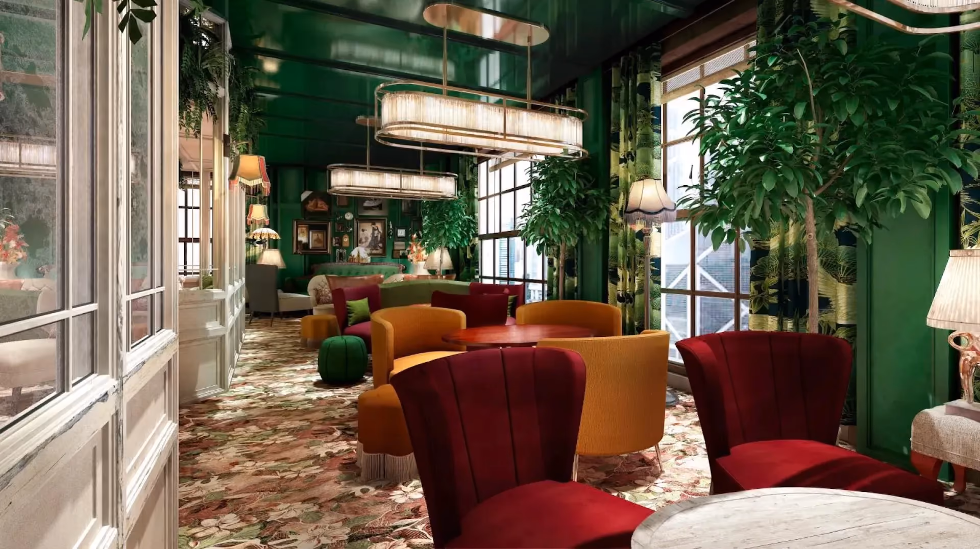 Bar lounge at The Aubrey, Mandarin Oriental Hong Kong, with a green ceiling, red and mustard velvet armchairs, floral carpet and indoor trees