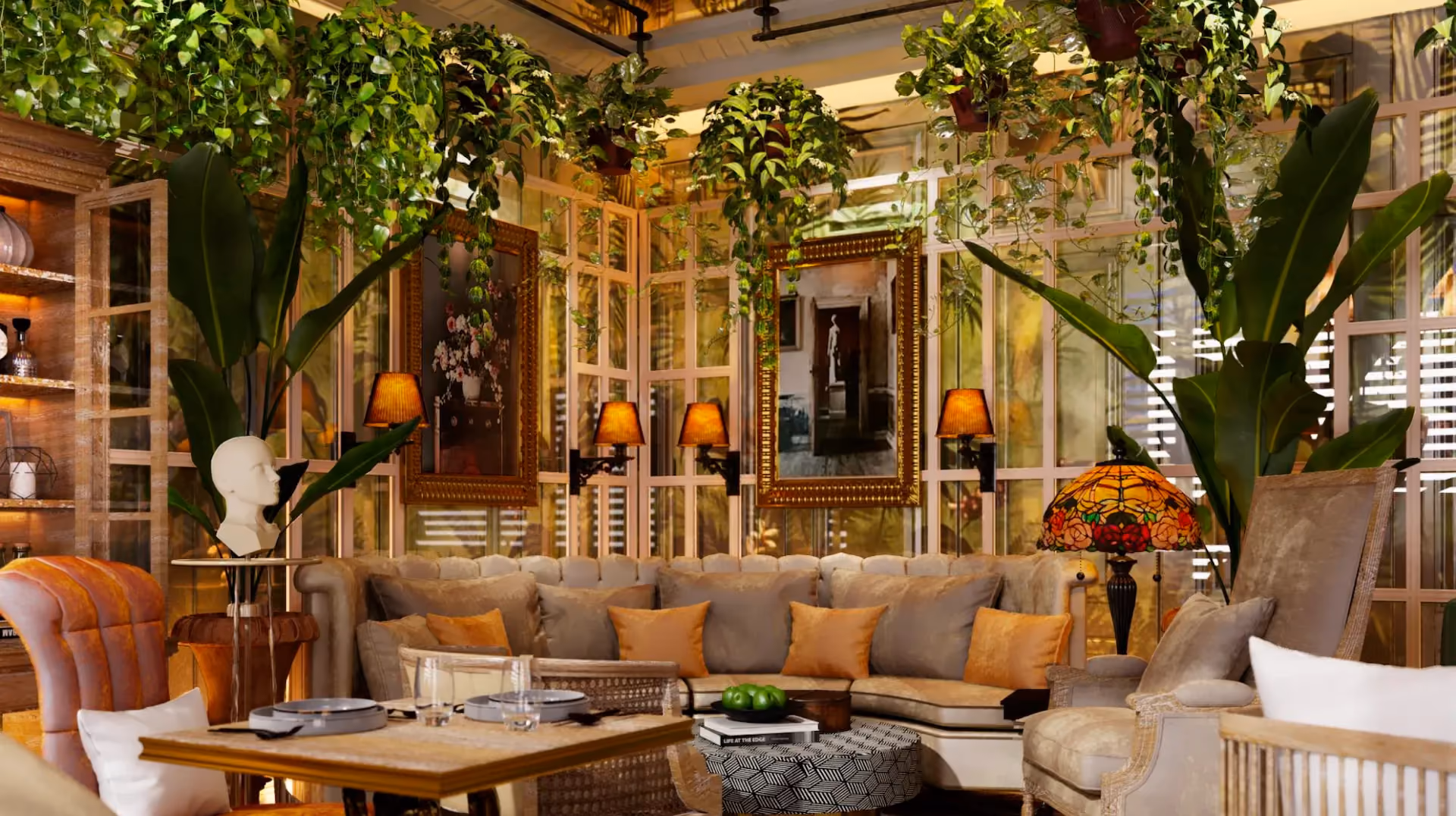 Curio Lounge at The Aubrey, Mandarin Oriental Hong Kong, with lush hanging plants, white timber lattice walls, a Tiffany-style lamp and a cushioned sofa