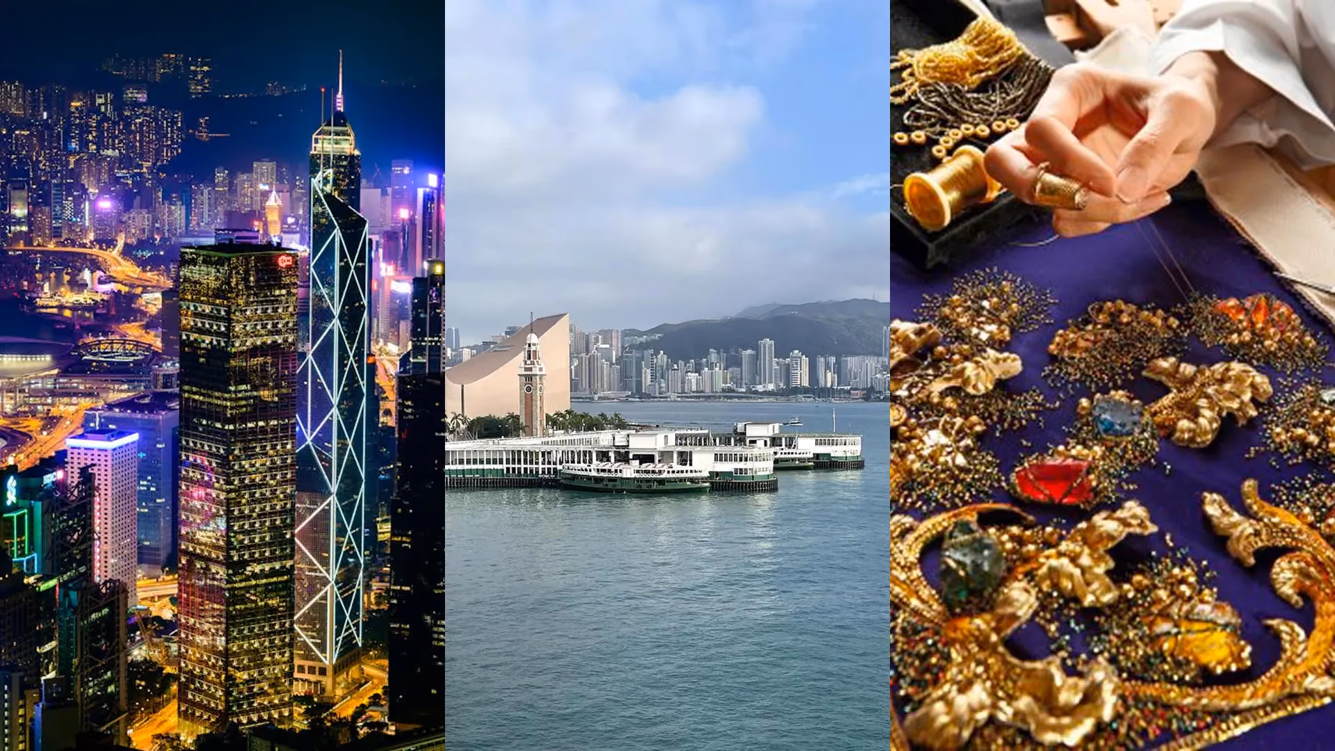 Key inspiration for Man Wah, Mandarin Oriental Hong Kong: the Hong Kong skyline at night, Victoria Harbour and traditional gold embroidery craft