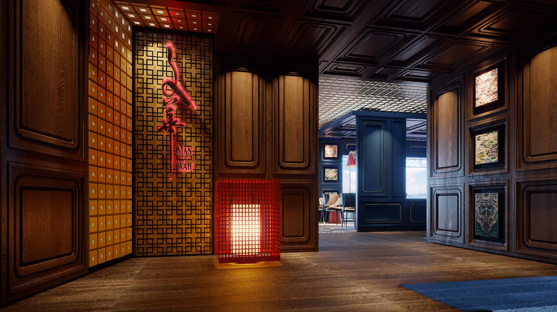Entrance to Man Wah, Mandarin Oriental Hong Kong, with dark timber panelling, a gold lattice screen, red Chinese knot artwork and a red lantern
