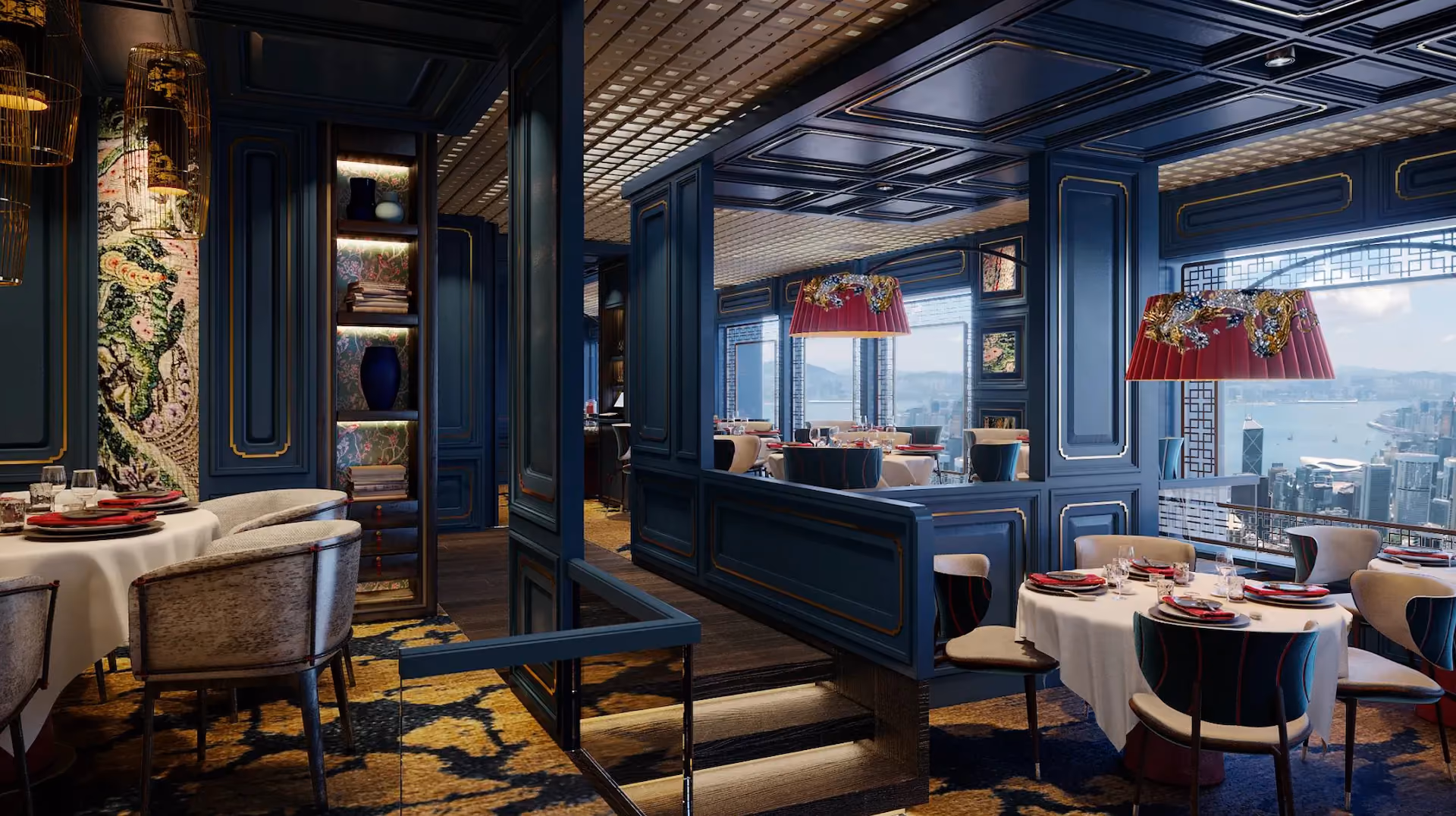 Main dining room at Man Wah, Mandarin Oriental Hong Kong, with blue lacquered niches, red lantern pendants and views of the Hong Kong skyline and Victoria Harbour