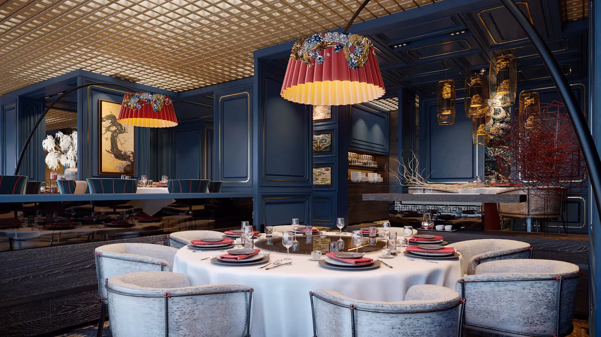 Dining area at Man Wah, Mandarin Oriental Hong Kong, with a round table, embroidered red lantern pendants, blue lacquered walls and a fretwork ceiling