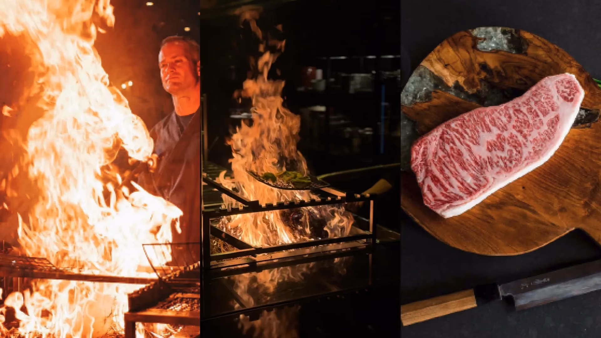 Key concept 2 for Strawfire, fire: flames rising from a Warayaki grill and a cut of marbled wagyu beef