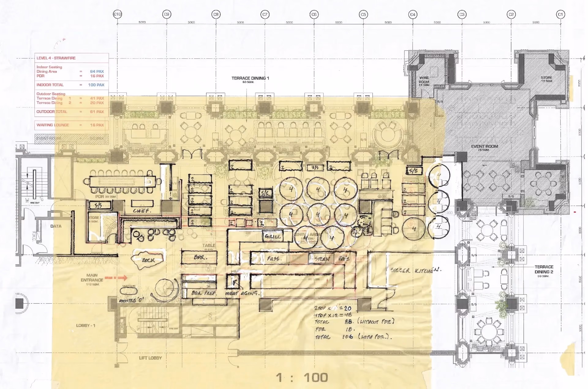 Early design development plan for Strawfire, Emirates Palace Abu Dhabi, with zones highlighted in yellow