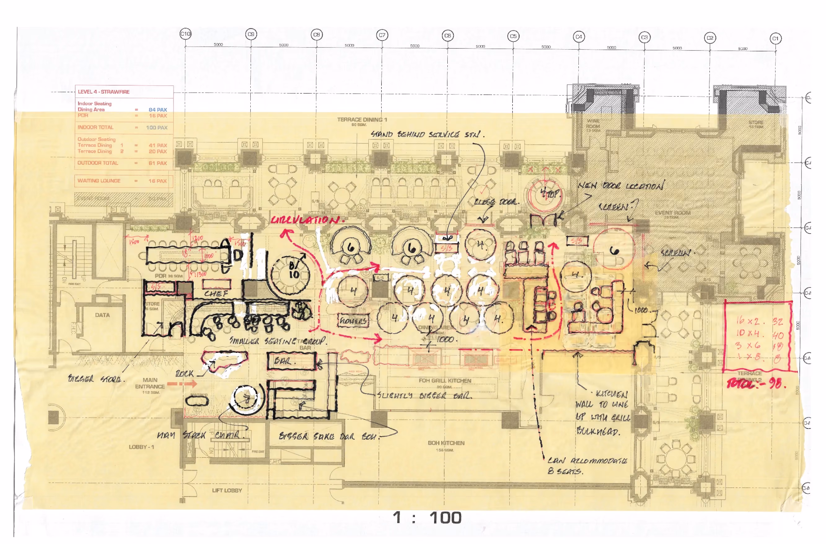 Hand-sketched early design plan for Strawfire, Emirates Palace Abu Dhabi, with red markups at 1:100 scale