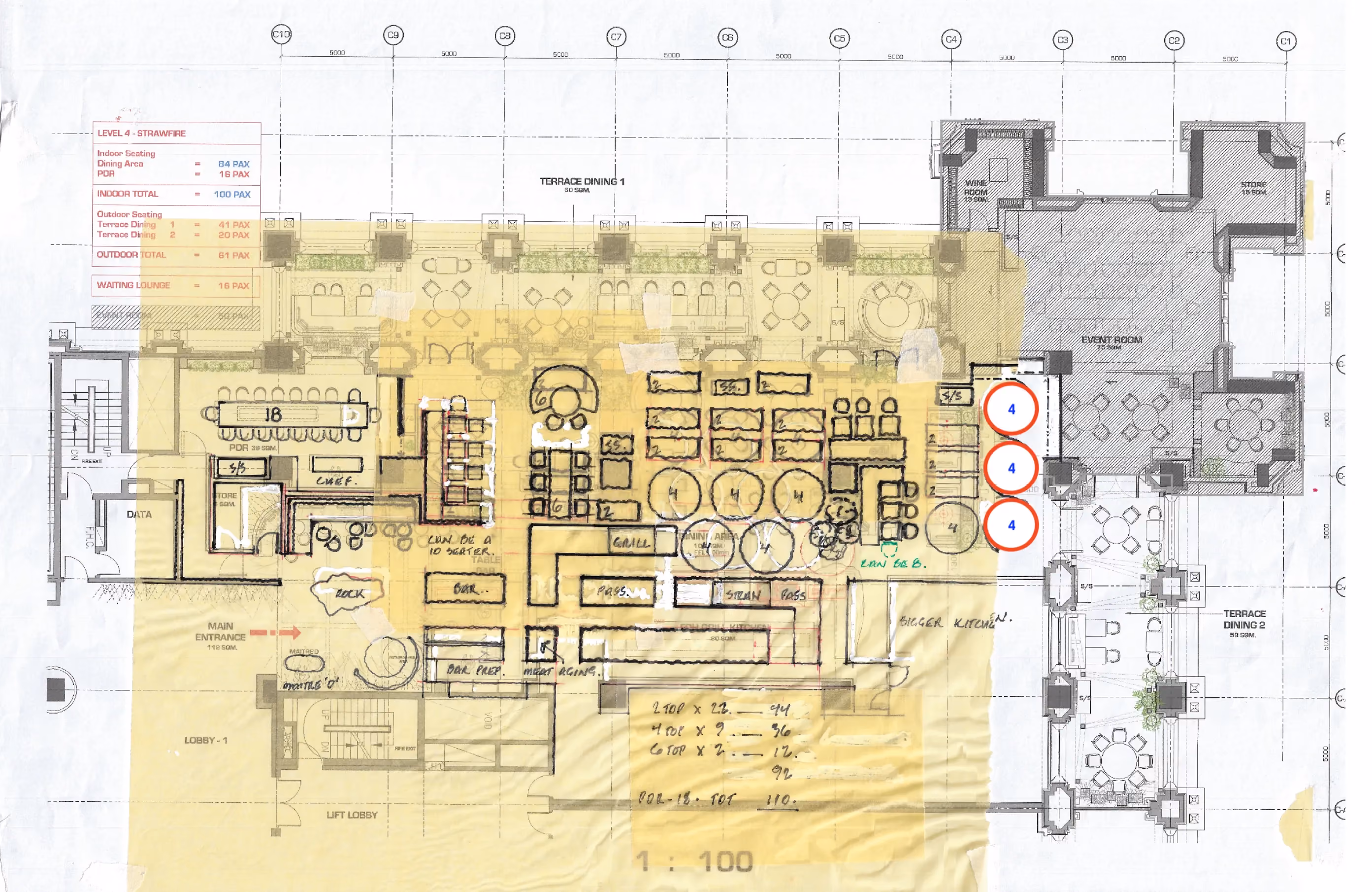 Early design development plan for Strawfire, Emirates Palace Abu Dhabi, showing dining layouts and seating