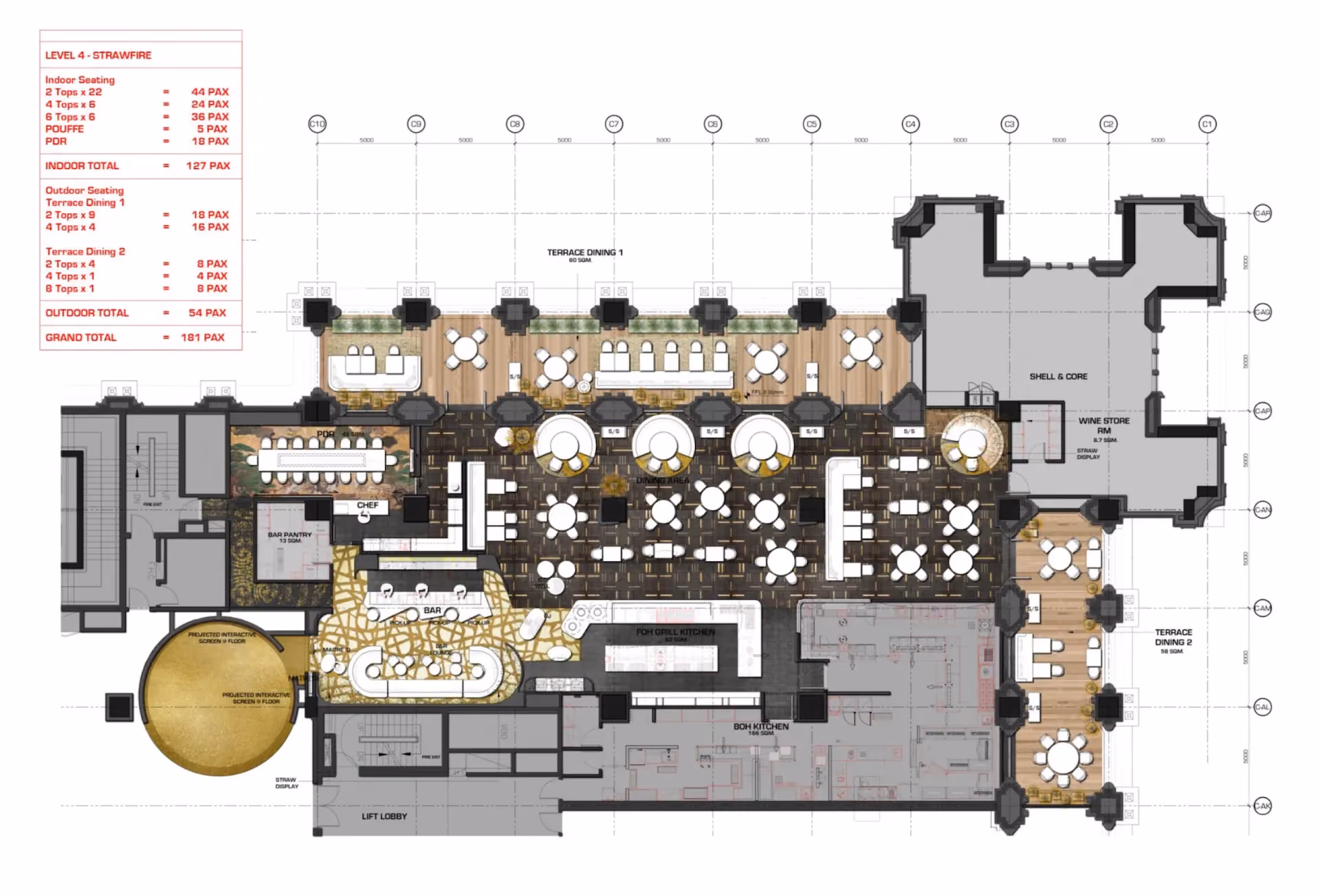 Finalised rendered floor plan for Strawfire, Emirates Palace Abu Dhabi, showing the sake lounge, grill kitchen and dining room