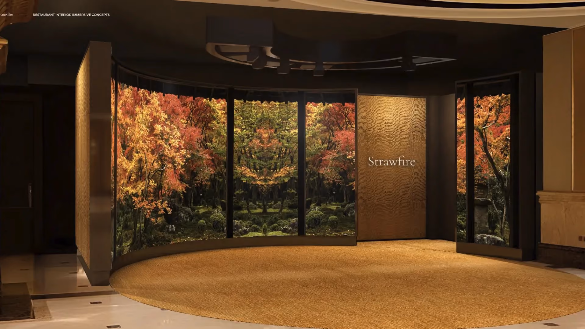 Rendering of the entrance to Strawfire, Emirates Palace Abu Dhabi, with a curved screen showing autumn foliage imagery