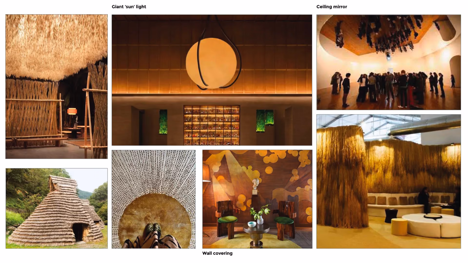 Sake lounge design board for Strawfire, with references for a giant sun light, ceiling mirror, straw huts and wall coverings
