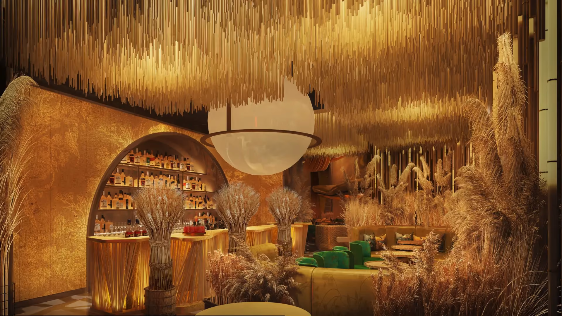 Rendering of the sake lounge at Strawfire, Emirates Palace Abu Dhabi, with suspended straw-like rods, an illuminated globe and straw bales