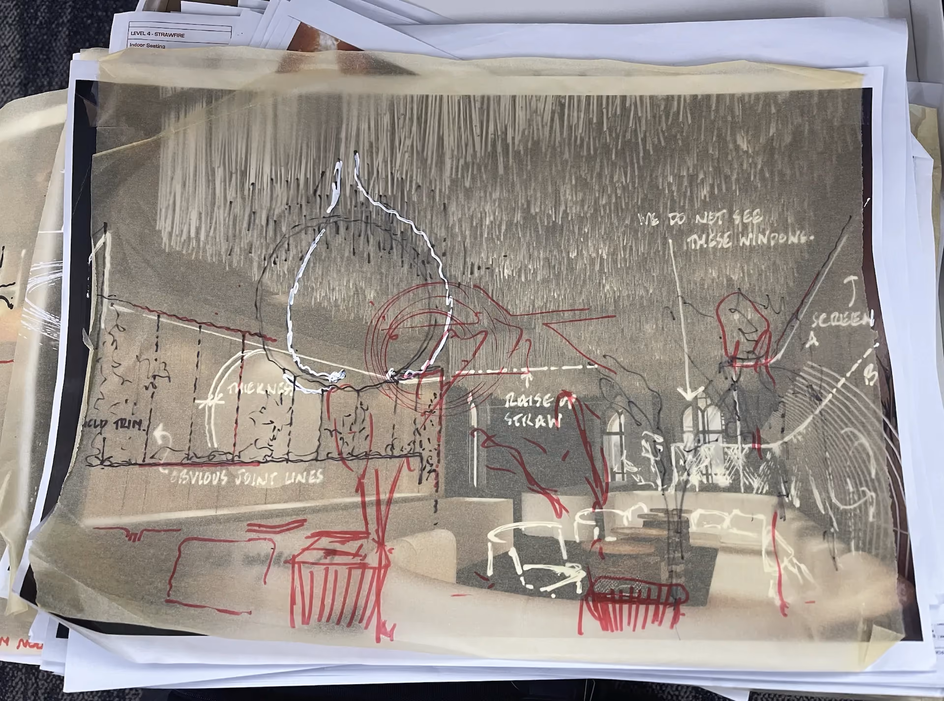 Hand-drawn planning sketch of the sake lounge at Strawfire, Emirates Palace Abu Dhabi, with red markups