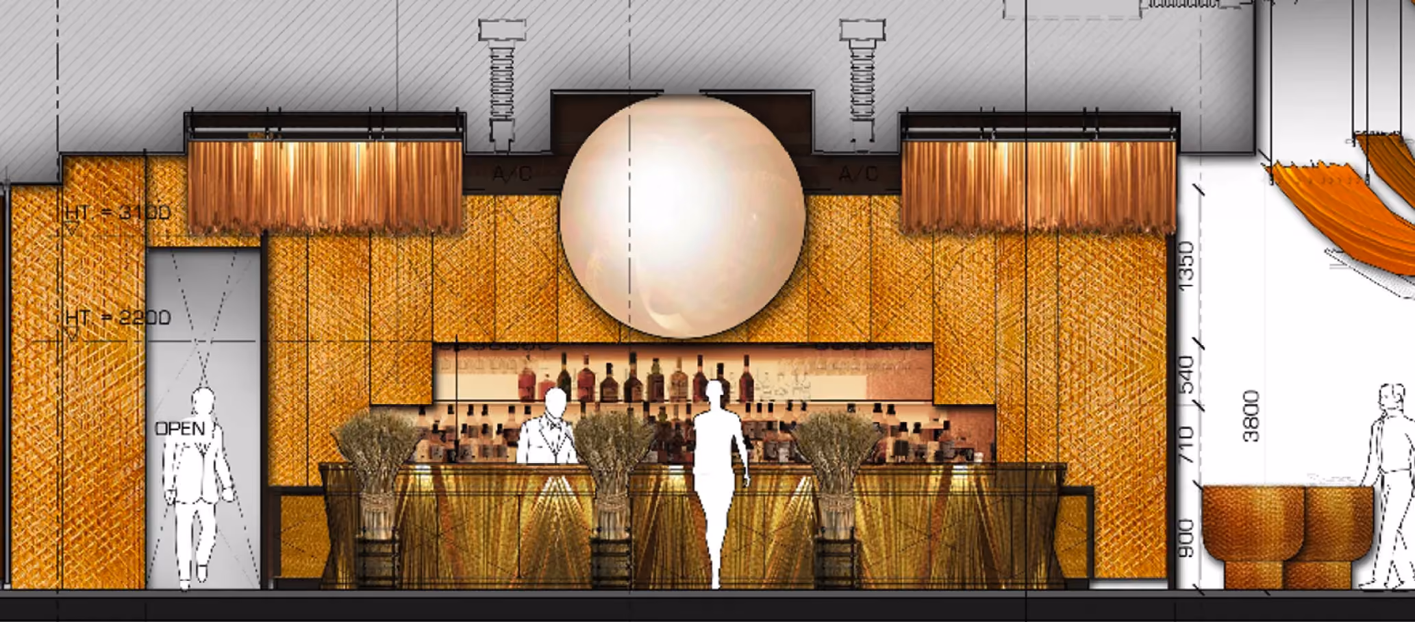 Sake lounge elevation for Strawfire, Emirates Palace Abu Dhabi, showing the bar counter, illuminated globe and straw barrel displays