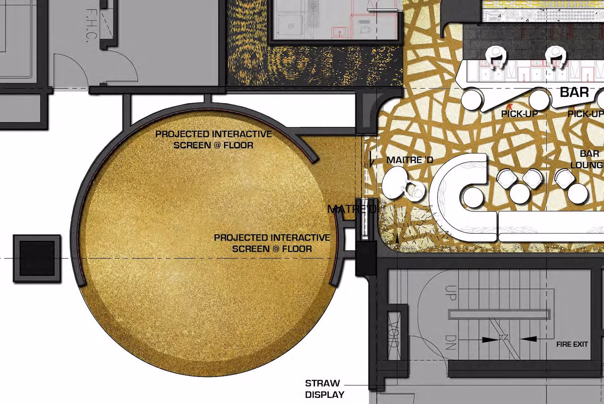 Front entrance plan for Strawfire, Emirates Palace Abu Dhabi, showing the projected interactive screen and floor