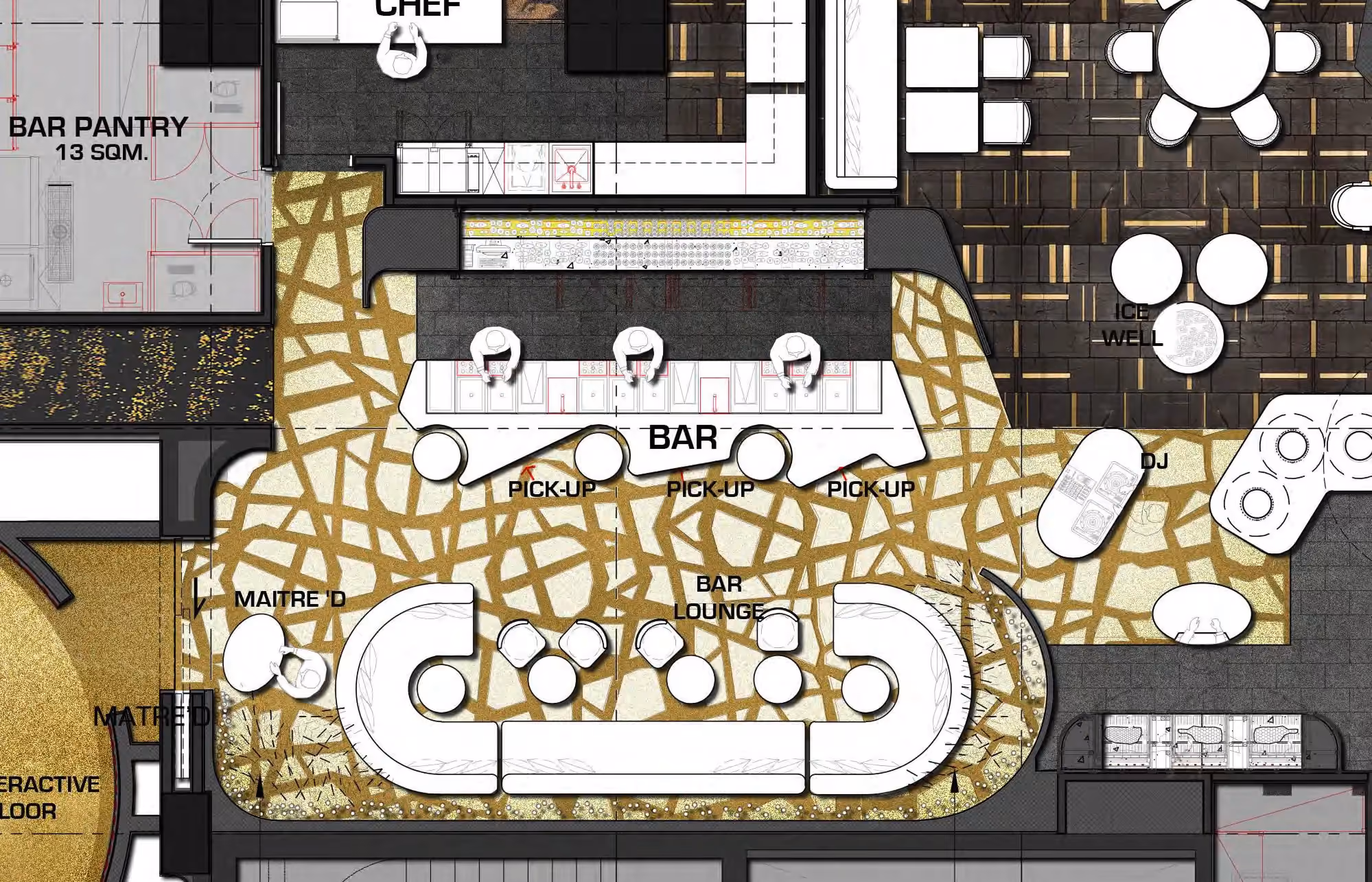 Sake lounge furniture layout plan for Strawfire, Emirates Palace Abu Dhabi, showing the bar and banquette seating