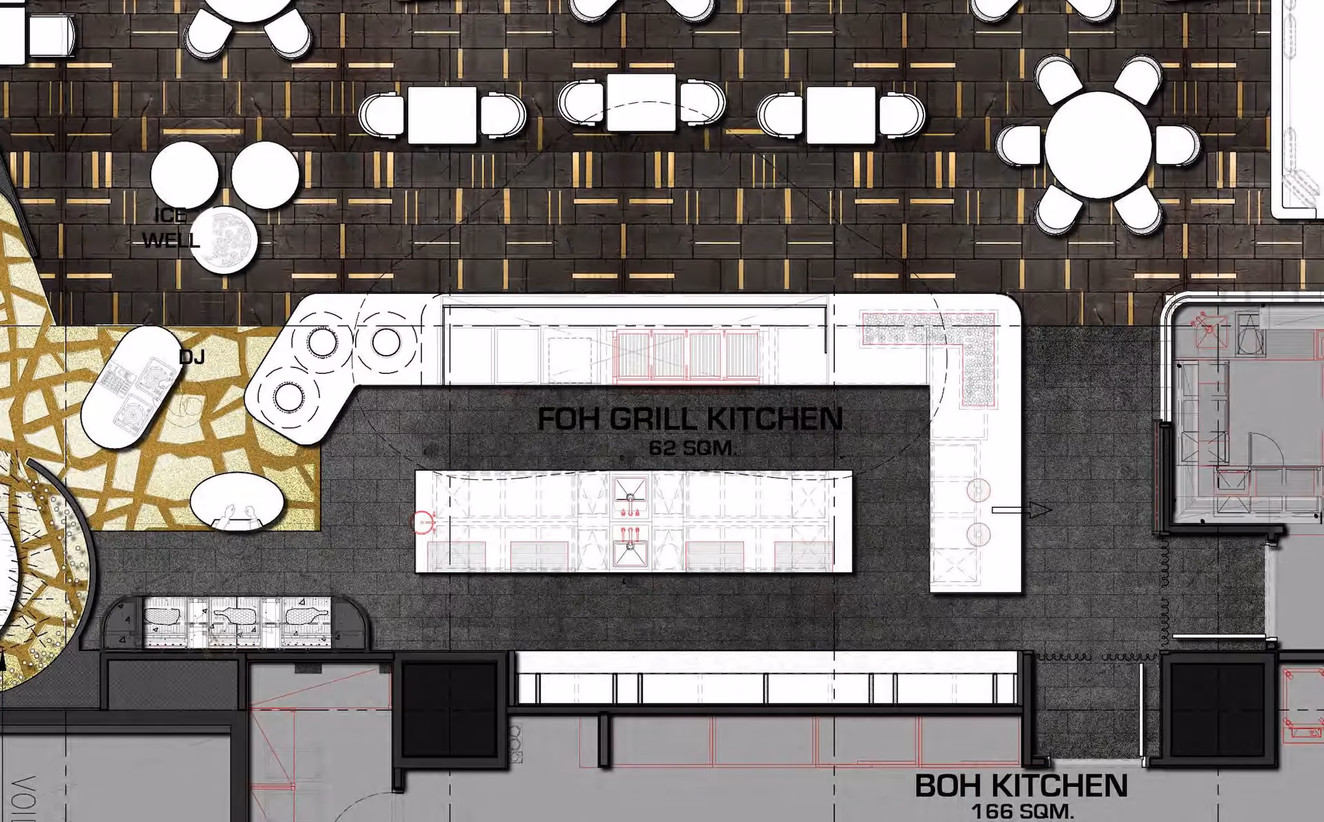 Front of house grill kitchen layout plan for Strawfire, Emirates Palace Abu Dhabi, with the main dining room and back of house kitchen