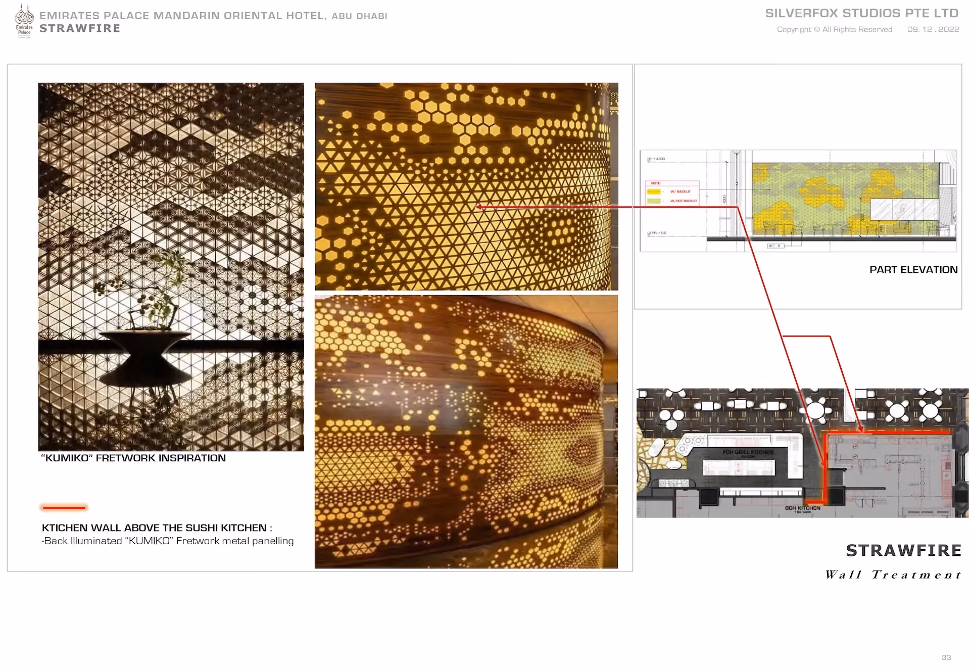 Design board for Strawfire, Emirates Palace Abu Dhabi, showing Kumiko pattern inspiration for the wall above the sushi kitchen