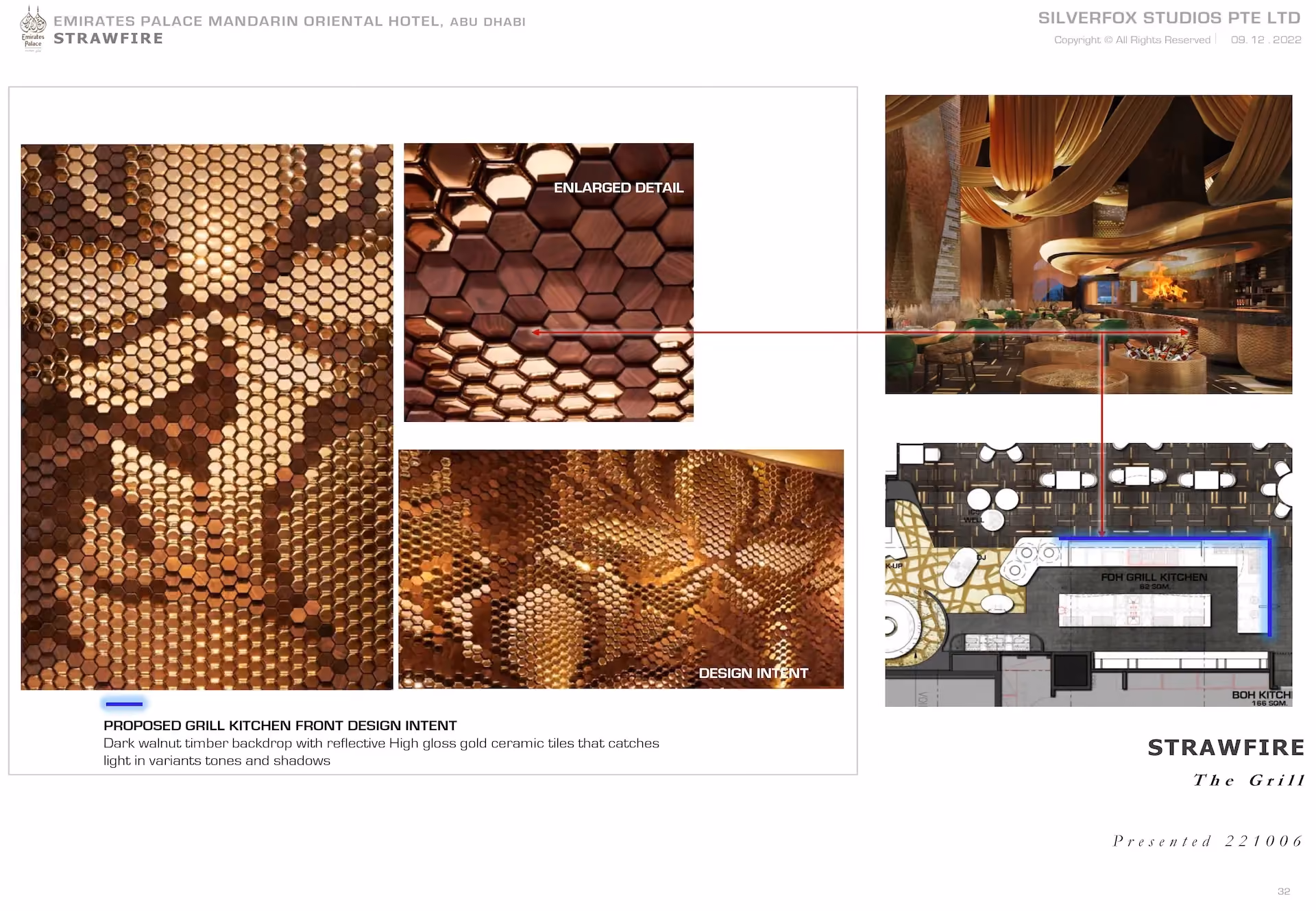 Design board for Strawfire, Emirates Palace Abu Dhabi, showing the faceted gold tile finish proposed for the grill kitchen front