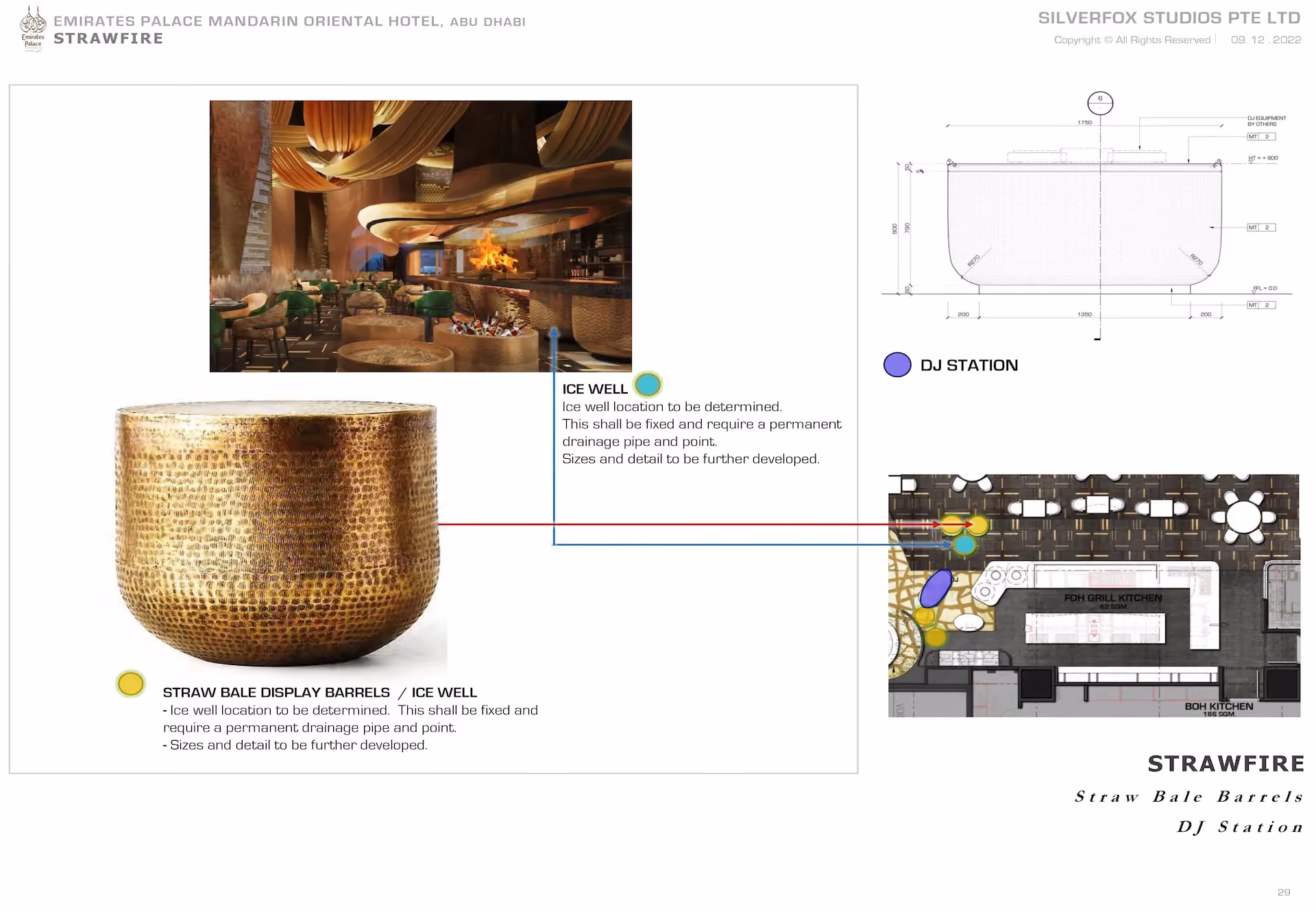 Design board for Strawfire, Emirates Palace Abu Dhabi, showing the straw bale barrel ice well and DJ station