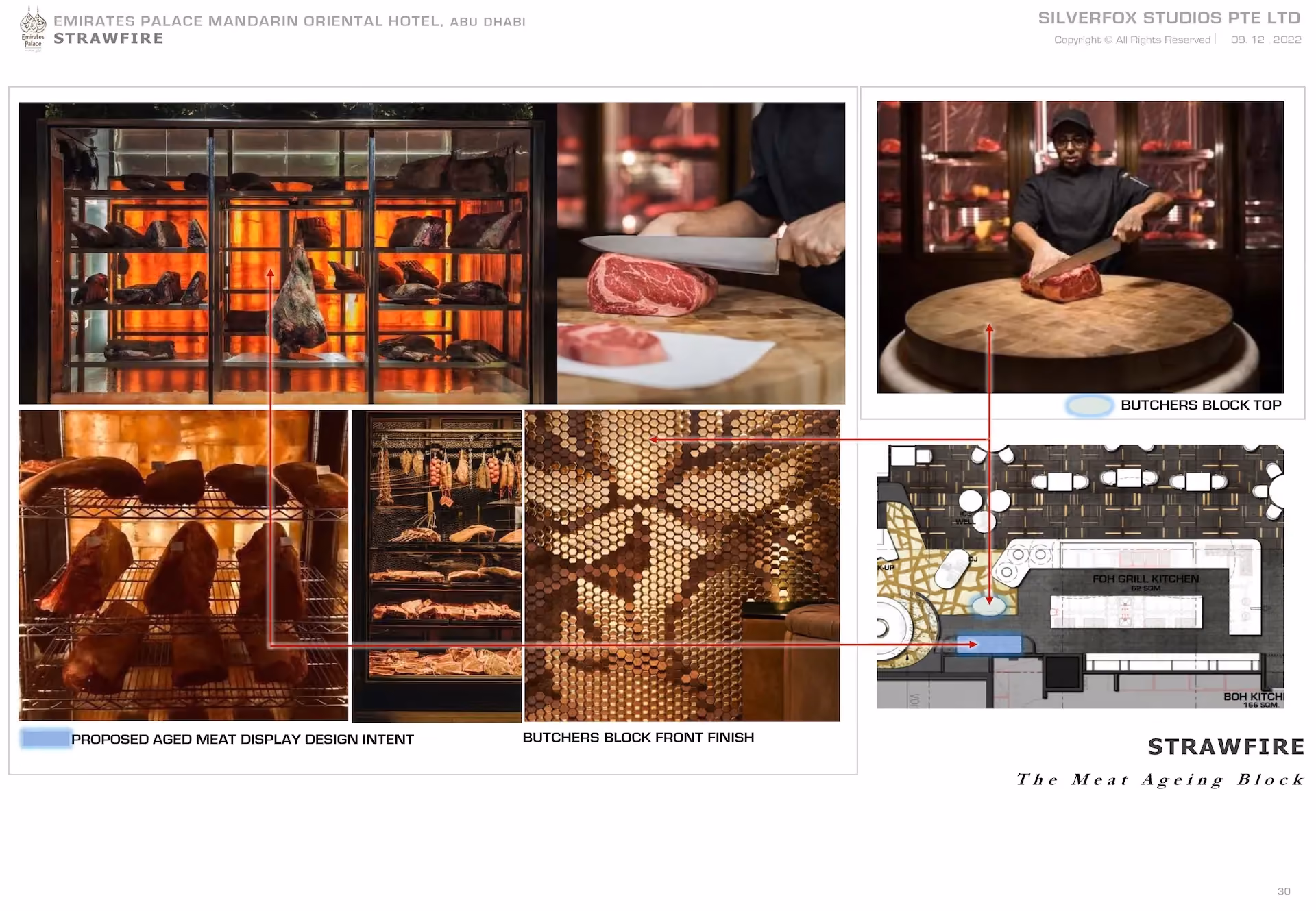 Design board for Strawfire, Emirates Palace Abu Dhabi, showing the meat ageing display and butcher's block