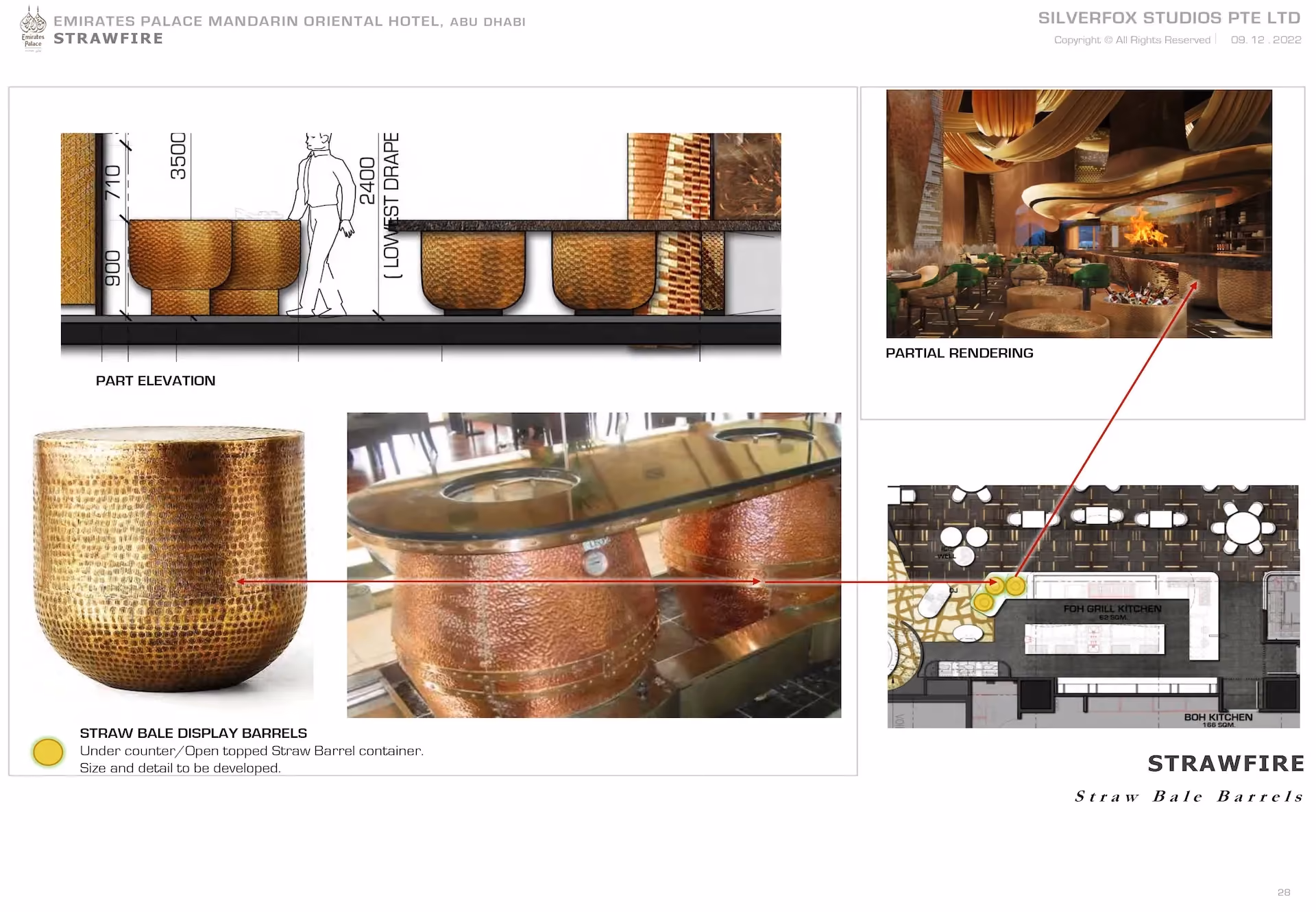 Design board for Strawfire, Emirates Palace Abu Dhabi, showing hand-beaten copper straw bale display barrels at the grill kitchen