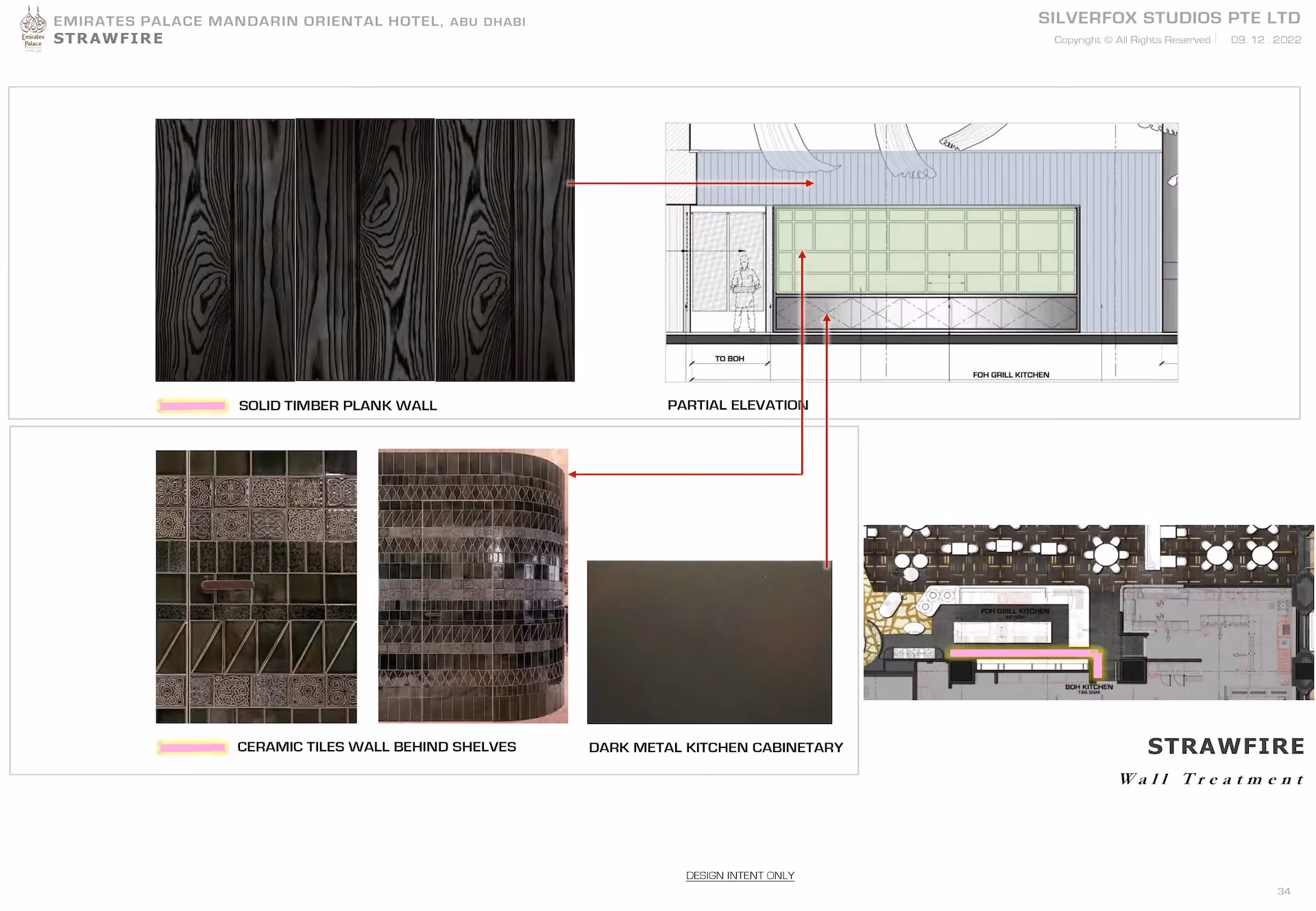 Design board for Strawfire, Emirates Palace Abu Dhabi, showing wall treatments with timber planks, ceramic tiles and dark metal kitchen gantry