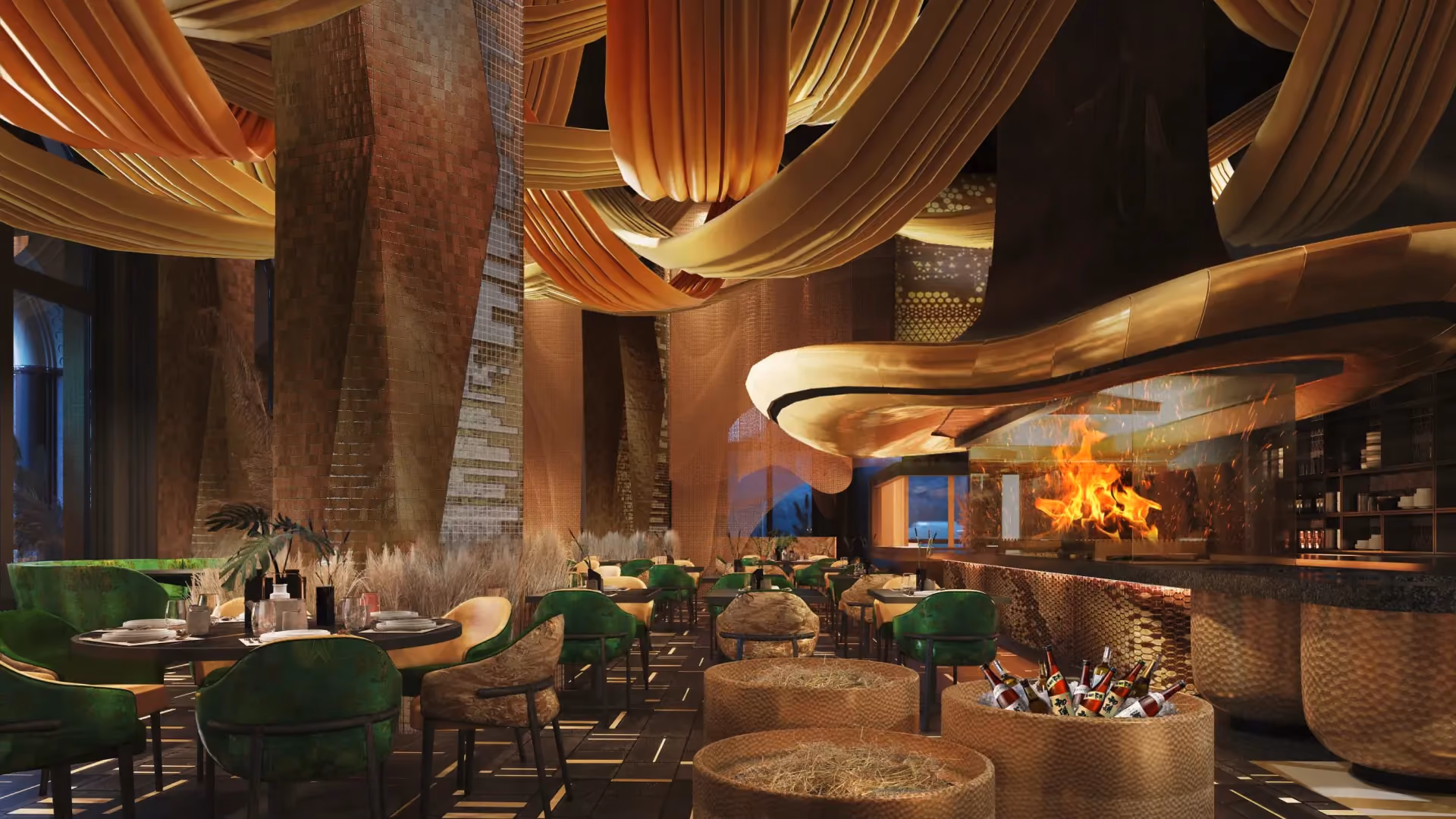 Rendering of the main dining room at Strawfire, Emirates Palace Abu Dhabi, with layered silk canopies, the brass grill hood and open flames