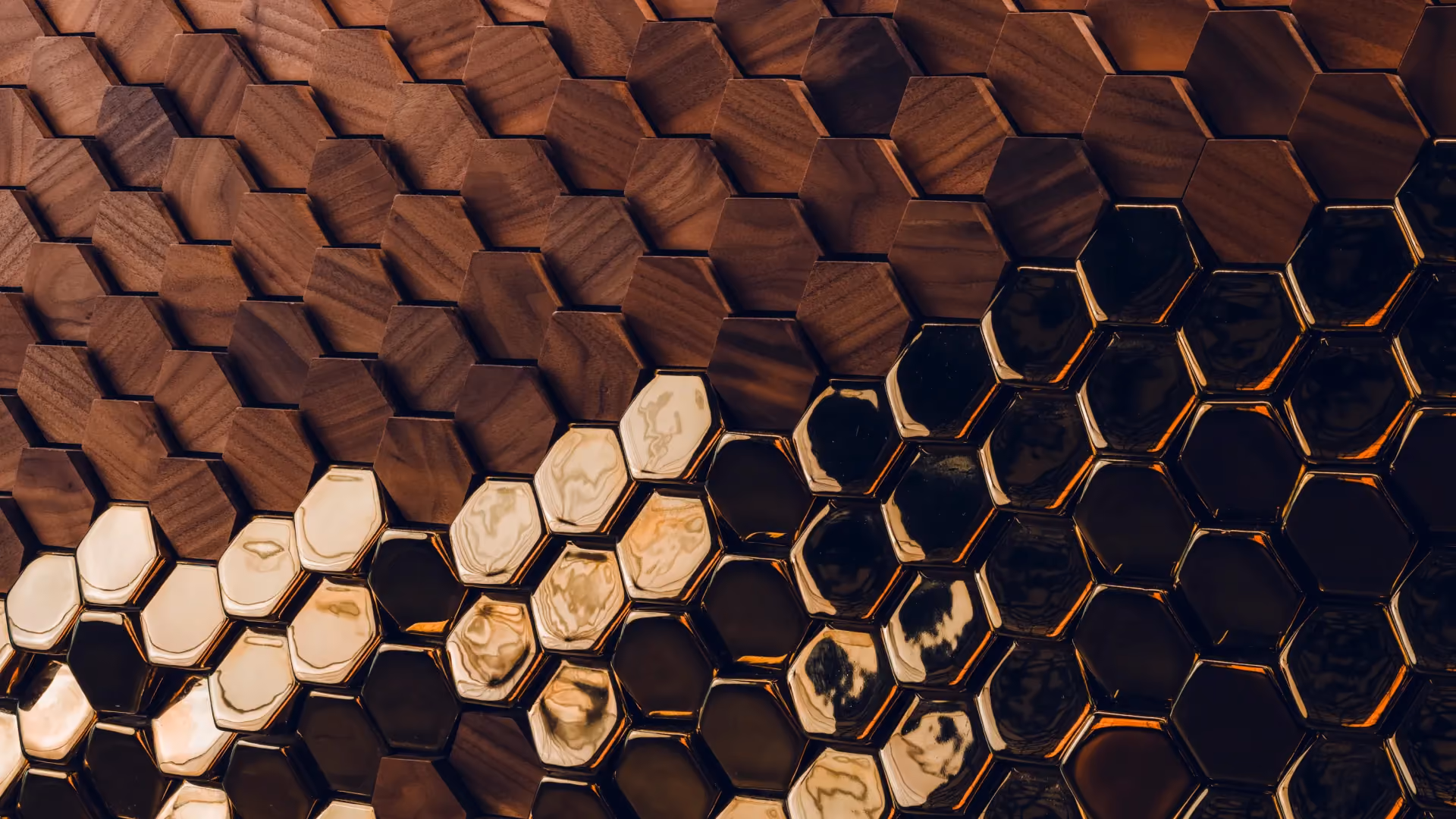 Close-up of faceted Giles Miller tiles in timber and gloss gold tones at Strawfire, Emirates Palace Abu Dhabi