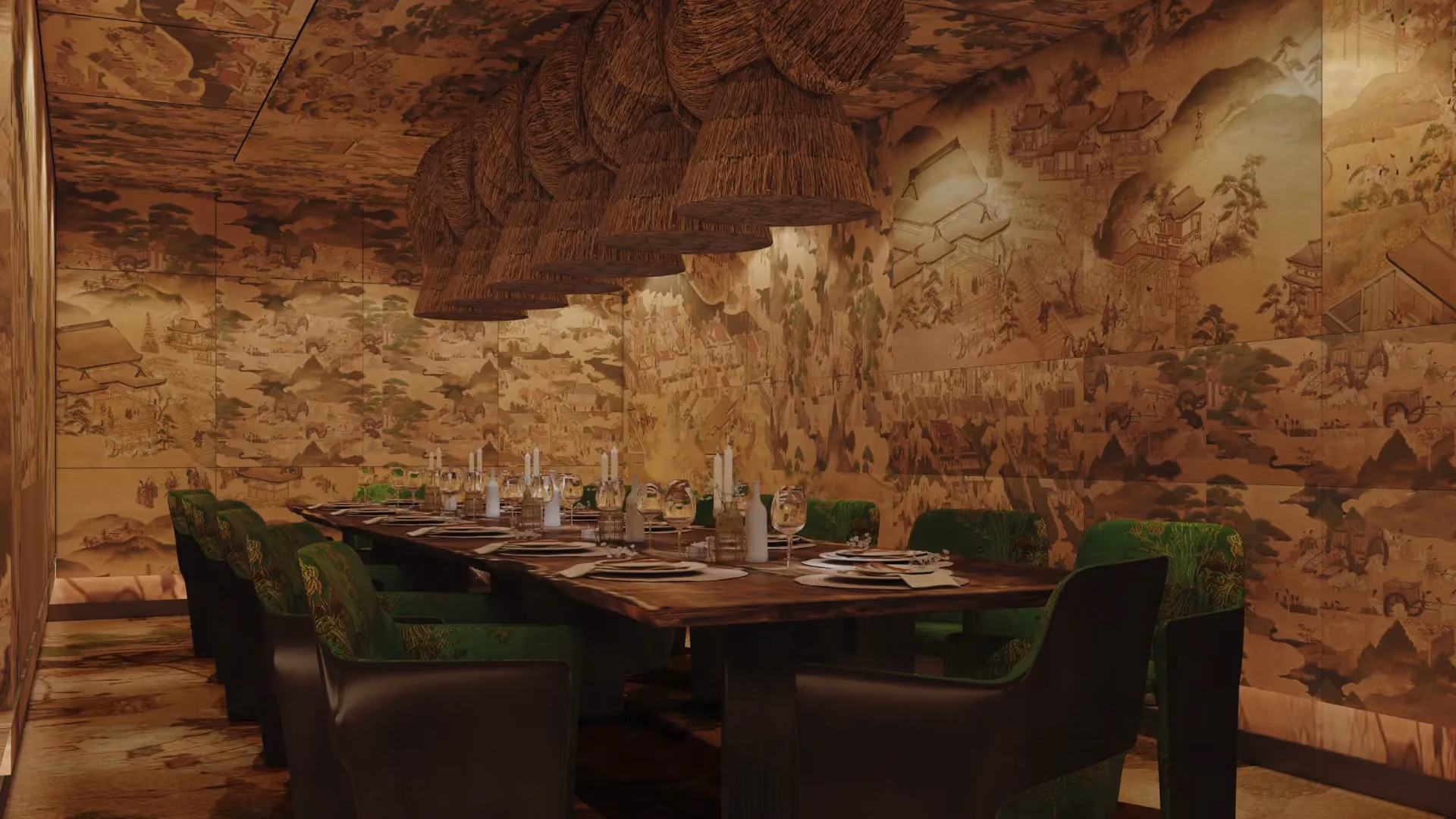 Rendering of the Toyama private dining room at Strawfire, Emirates Palace Abu Dhabi, wrapped in hand-painted silk panels